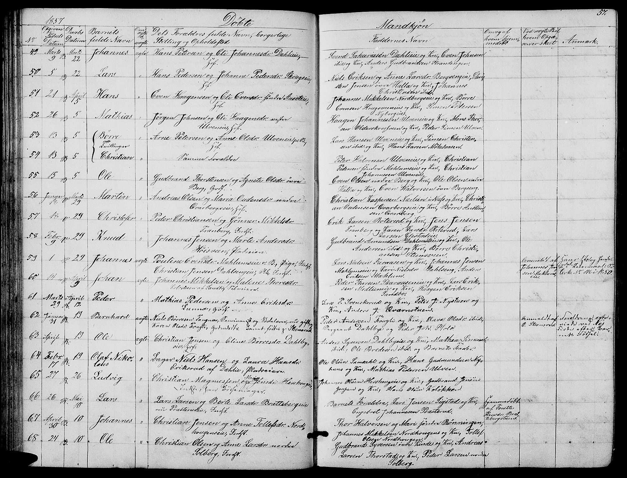 Ringsaker prestekontor, AV/SAH-PREST-014/L/La/L0006: Parish register (copy) no. 6, 1851-1860, p. 57