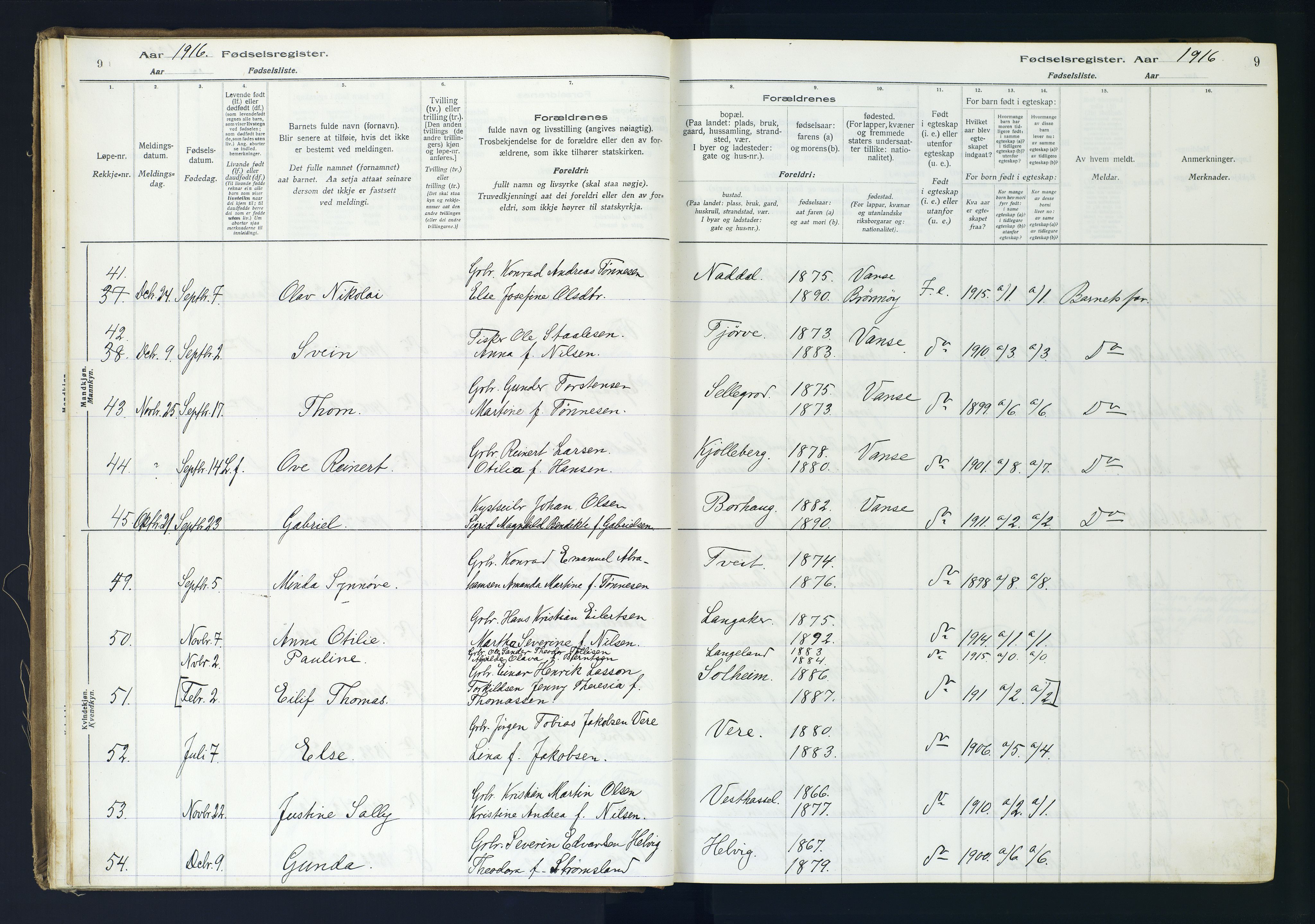 Lista sokneprestkontor, SAK/1111-0027/J/Ja/L0001: Birth register no. A-VI-30, 1916-1934, p. 9