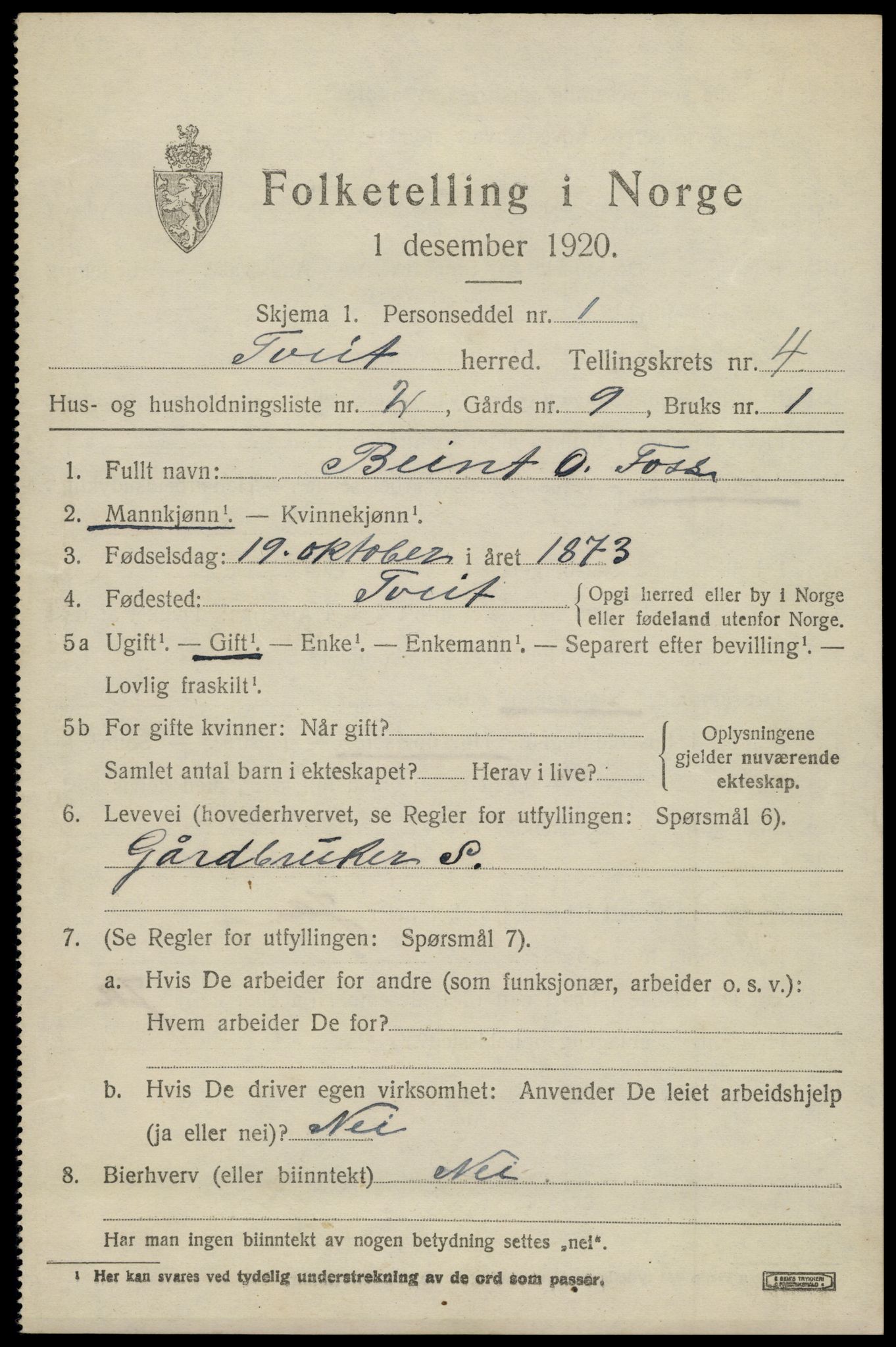 SAK, 1920 census for Tveit, 1920, p. 1984