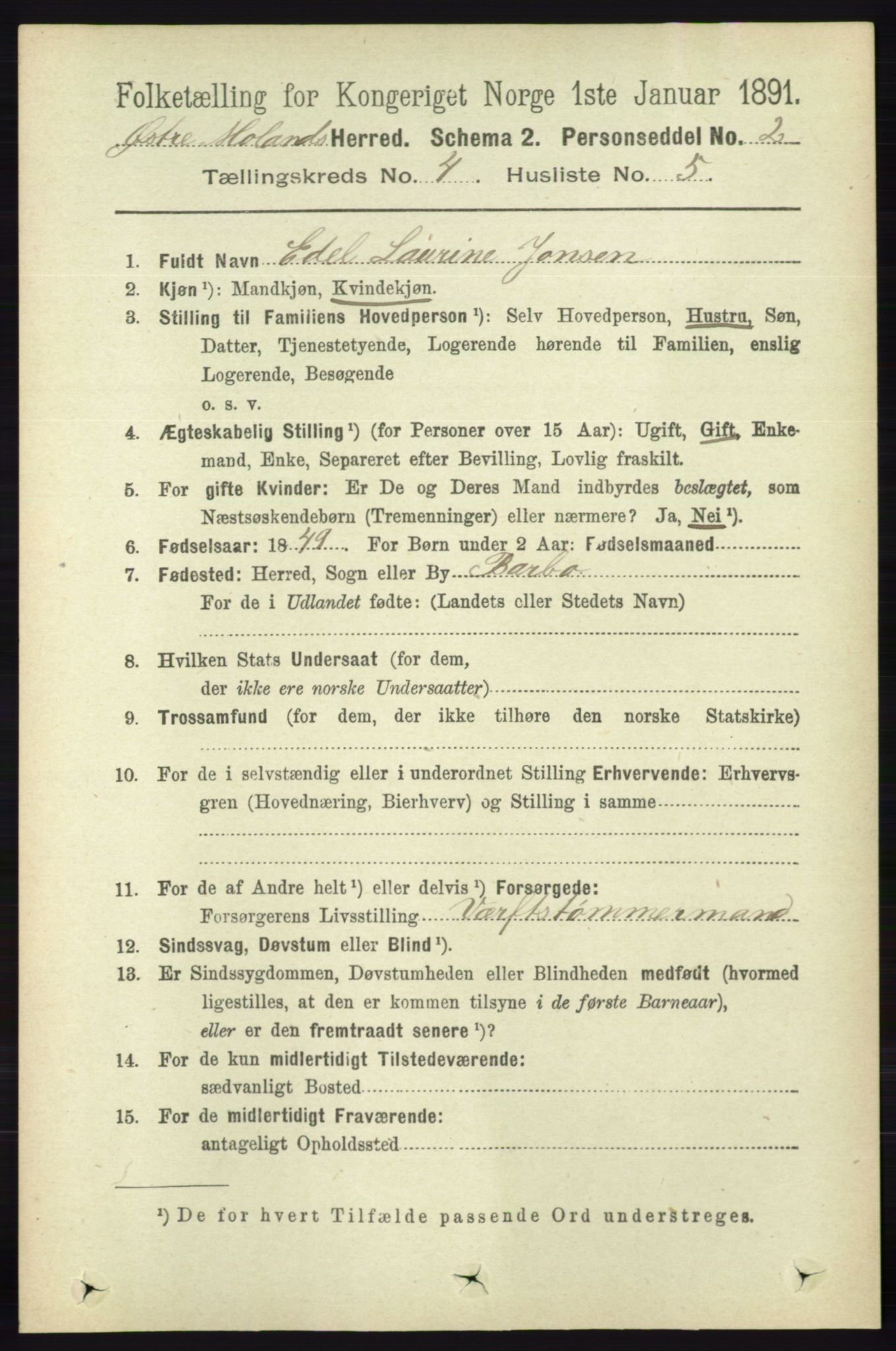 RA, 1891 census for 0918 Austre Moland, 1891, p. 2096