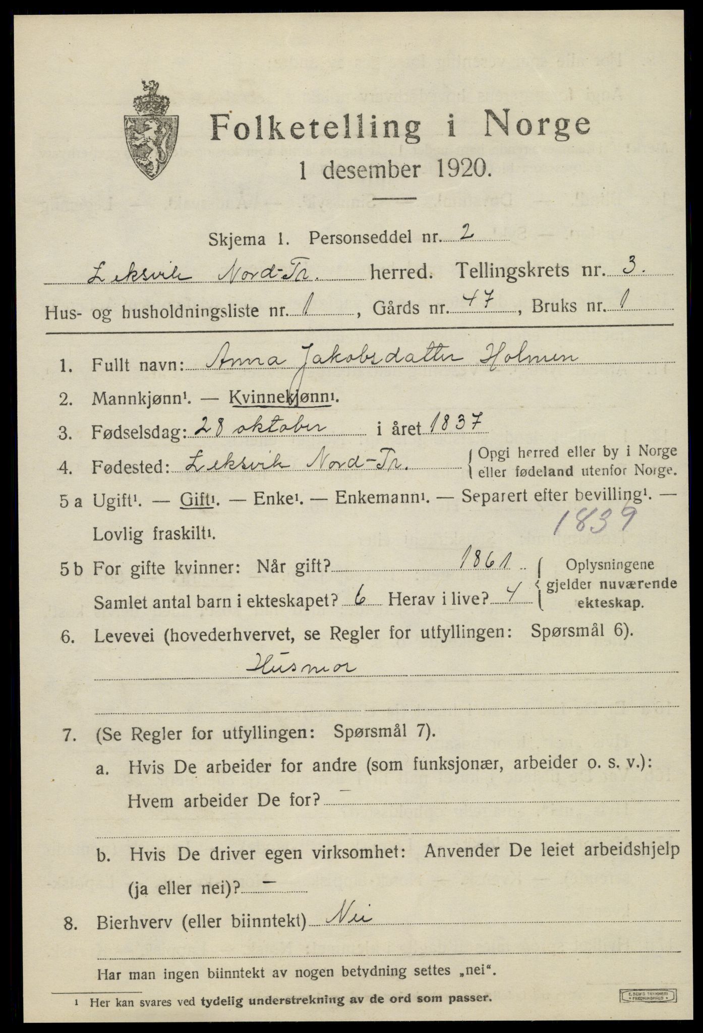 SAT, 1920 census for Leksvik, 1920, p. 2894