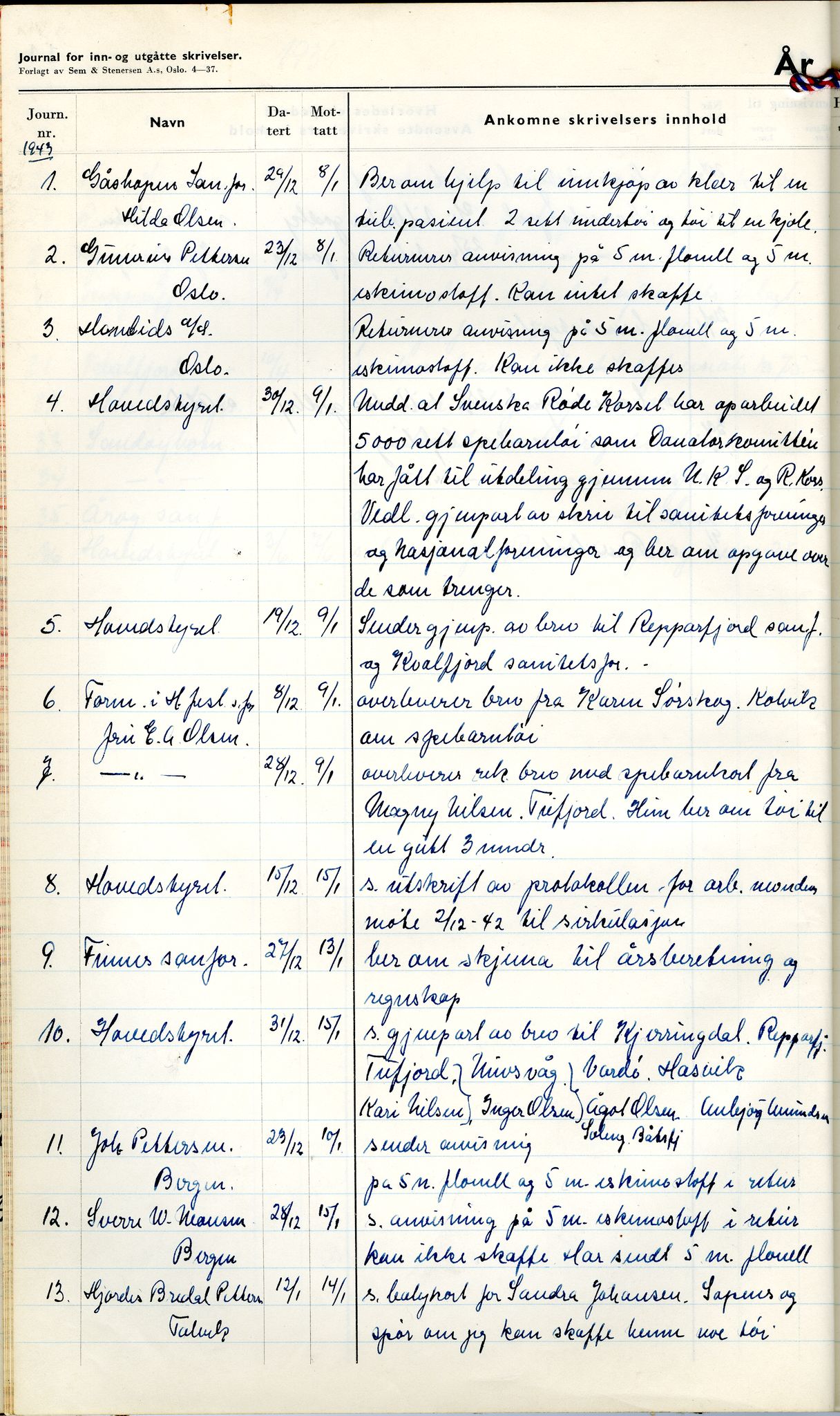 Norske Kvinners Sanitetsforening Finnmark , FMFB/A-1006/C/L0008: Journal for inn- og utgåtte brev, 1938-1944