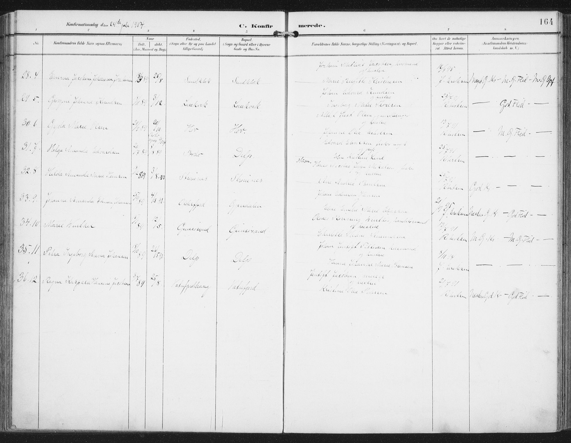 Ministerialprotokoller, klokkerbøker og fødselsregistre - Nordland, AV/SAT-A-1459/876/L1098: Parish register (official) no. 876A04, 1896-1915, p. 164