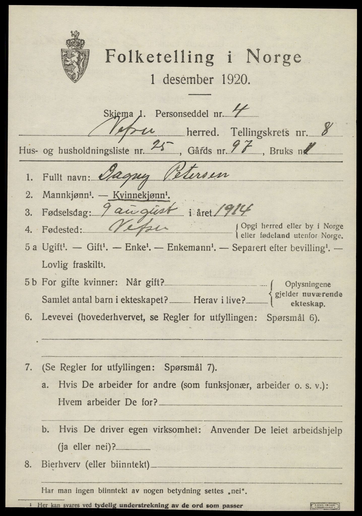 SAT, 1920 census for Vefsn, 1920, p. 5665