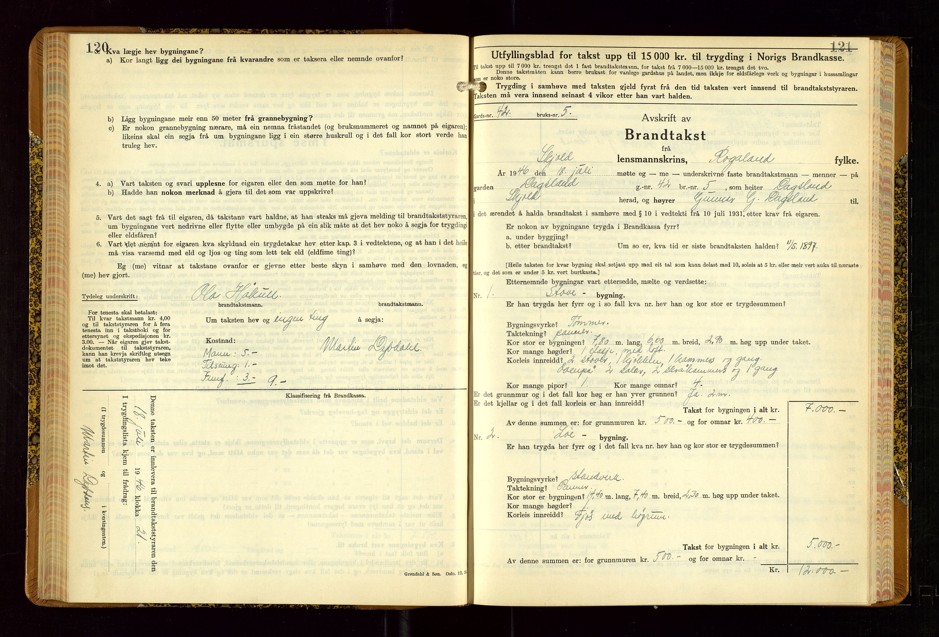 Skjold lensmannskontor, AV/SAST-A-100182/Gob/L0002: "Branntakstbok for Skjold lensmannskrins Rogaland fylke", 1939-1952, p. 120-121