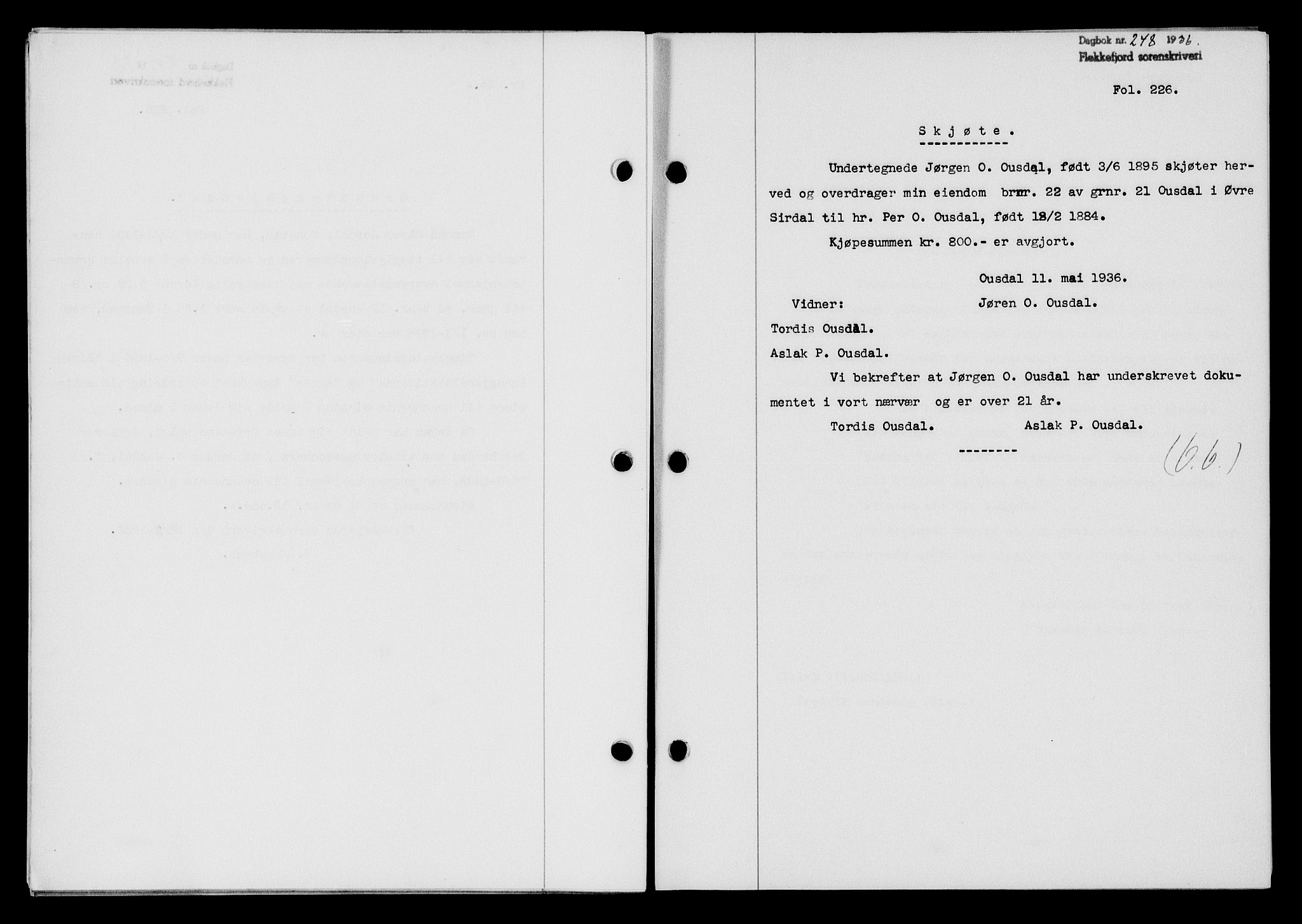 Flekkefjord sorenskriveri, SAK/1221-0001/G/Gb/Gba/L0053: Mortgage book no. A-1, 1936-1937, Diary no: : 248/1936