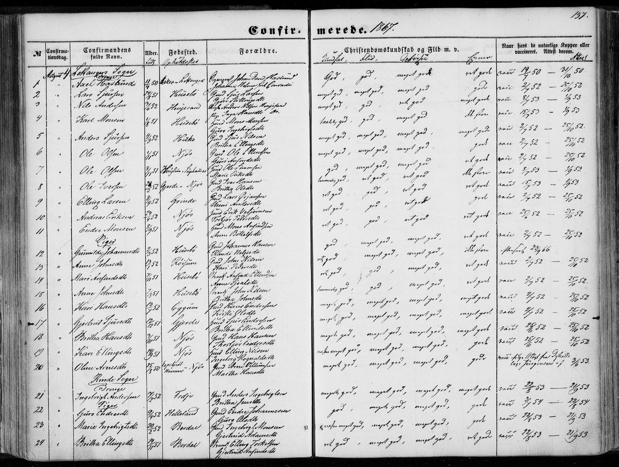Leikanger sokneprestembete, AV/SAB-A-81001/H/Haa/Haaa/L0008: Parish register (official) no. A 8, 1852-1868, p. 137