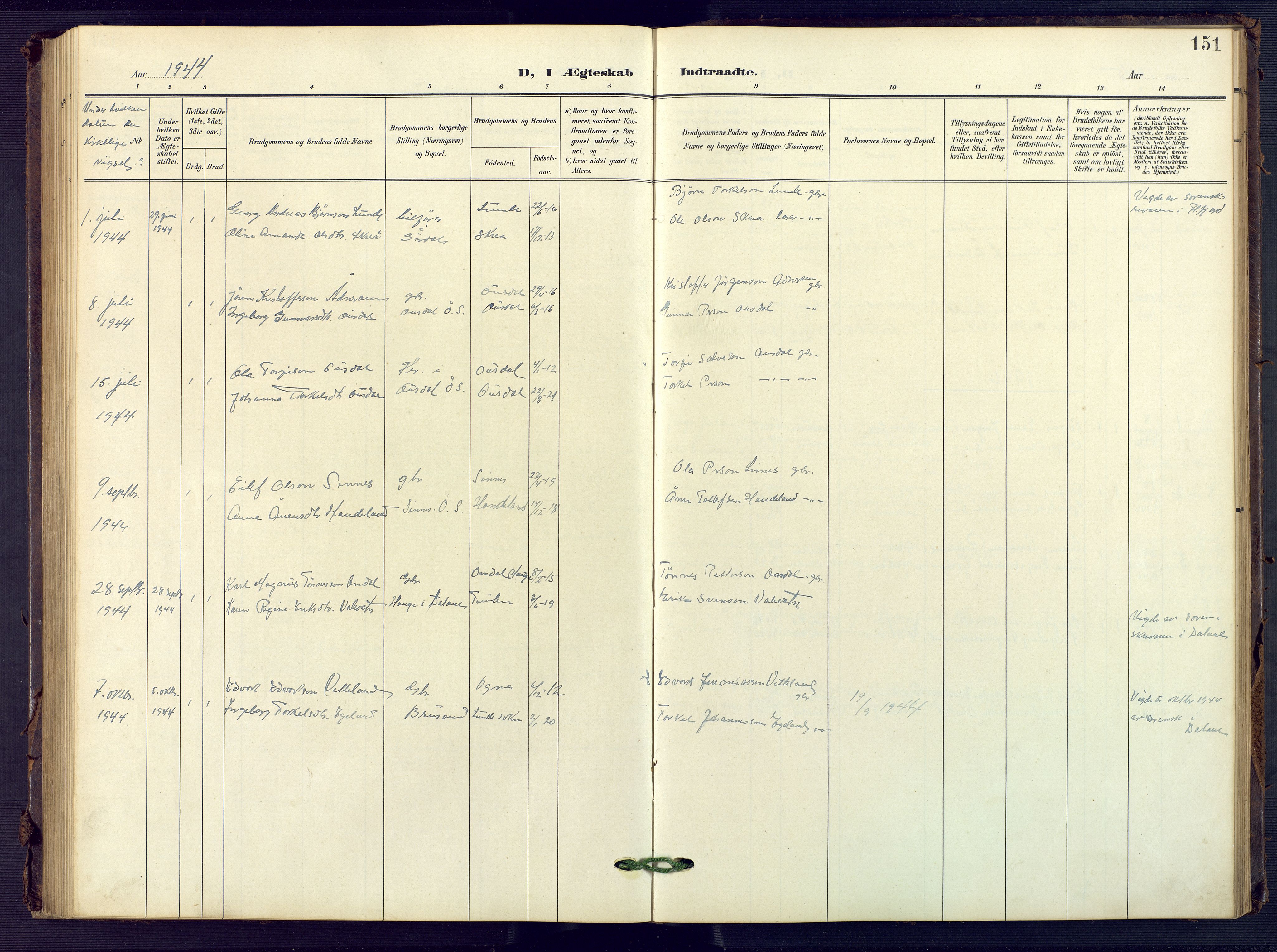 Sirdal sokneprestkontor, SAK/1111-0036/F/Fb/Fba/L0002: Parish register (copy) no. B 2, 1905-1958, p. 151