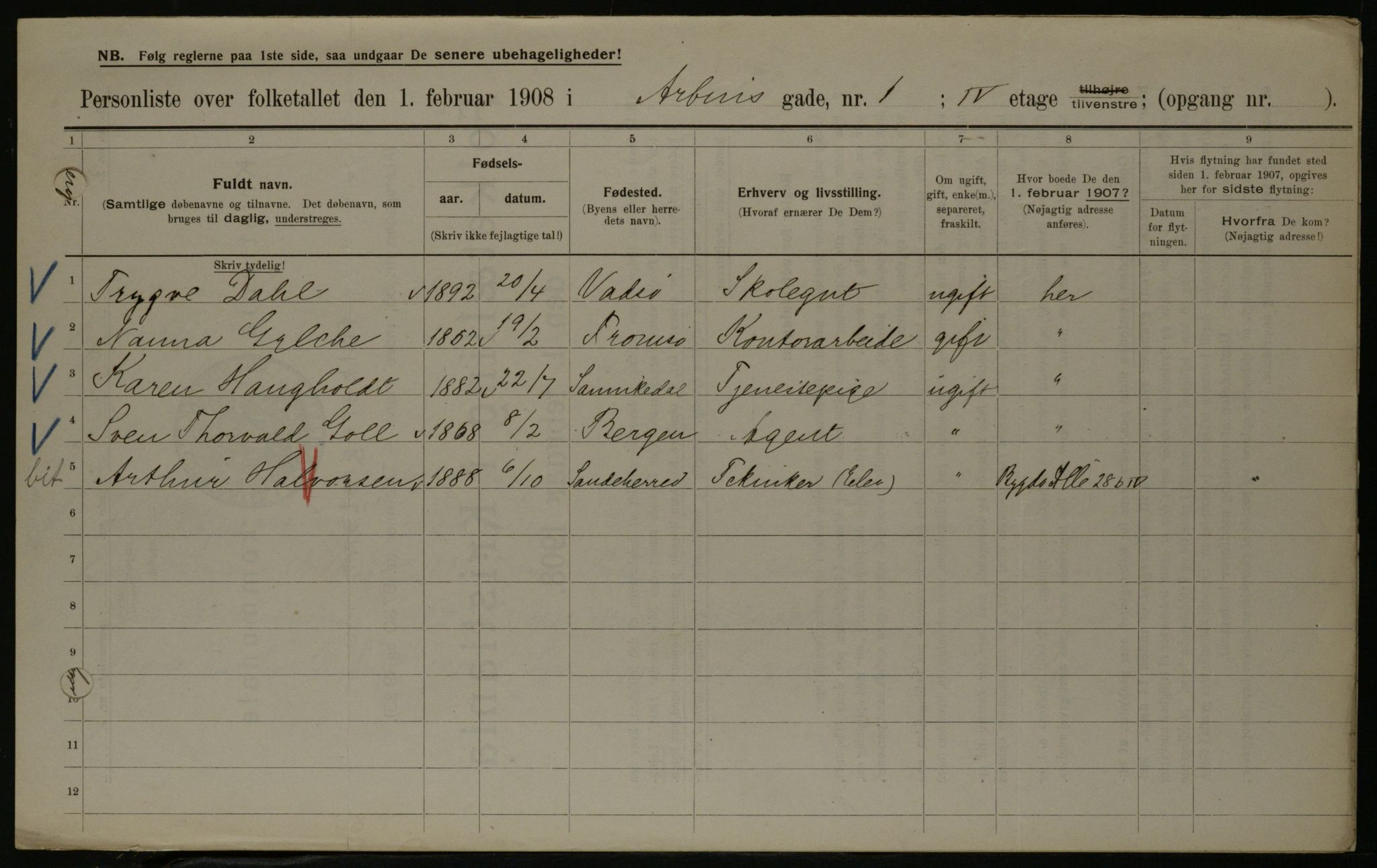 OBA, Municipal Census 1908 for Kristiania, 1908, p. 1753