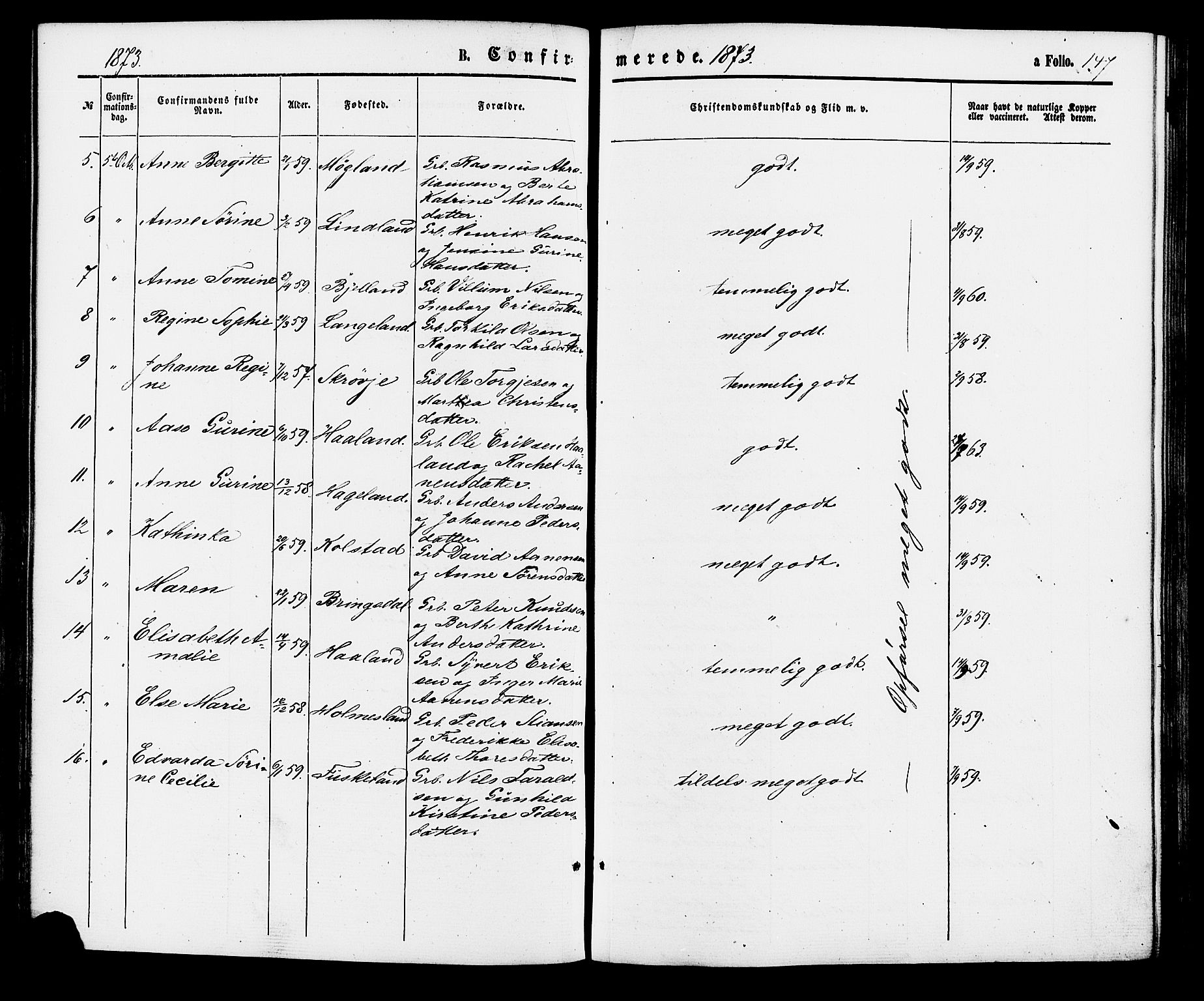 Holum sokneprestkontor, AV/SAK-1111-0022/F/Fa/Faa/L0006: Parish register (official) no. A 6, 1865-1883, p. 147