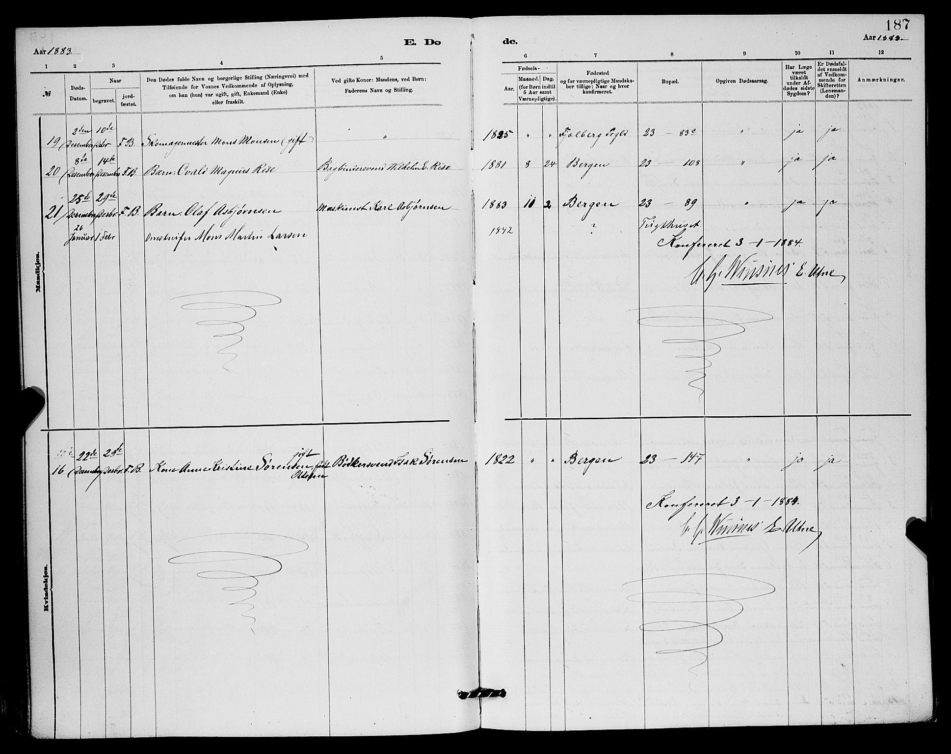 Mariakirken Sokneprestembete, SAB/A-76901/H/Hab/L0004: Parish register (copy) no. A 4, 1878-1892, p. 187