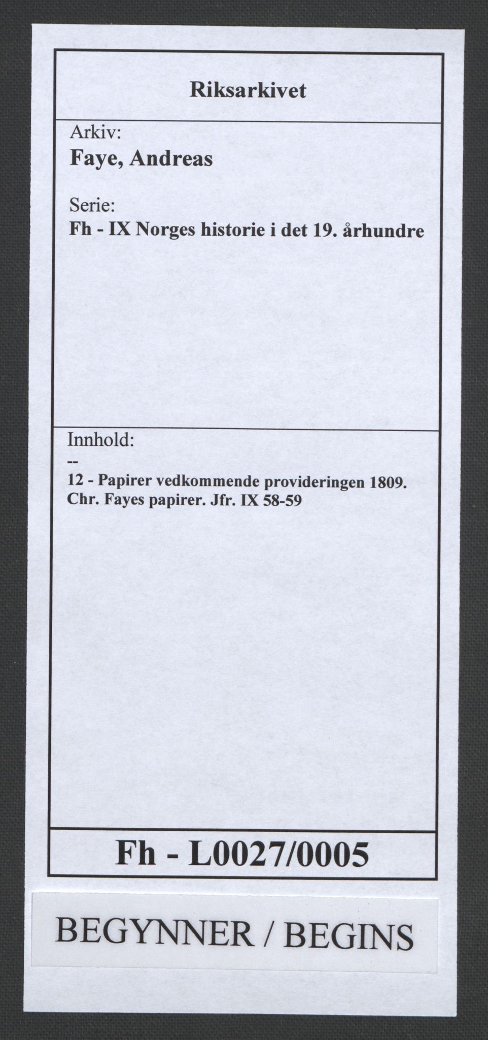 Faye, Andreas, AV/RA-PA-0015/F/Fh/L0027/0005: -- / Papirer vedkommende provideringen 1809. Chr. Fayes papirer. Jfr. IX 58-59, p. 1