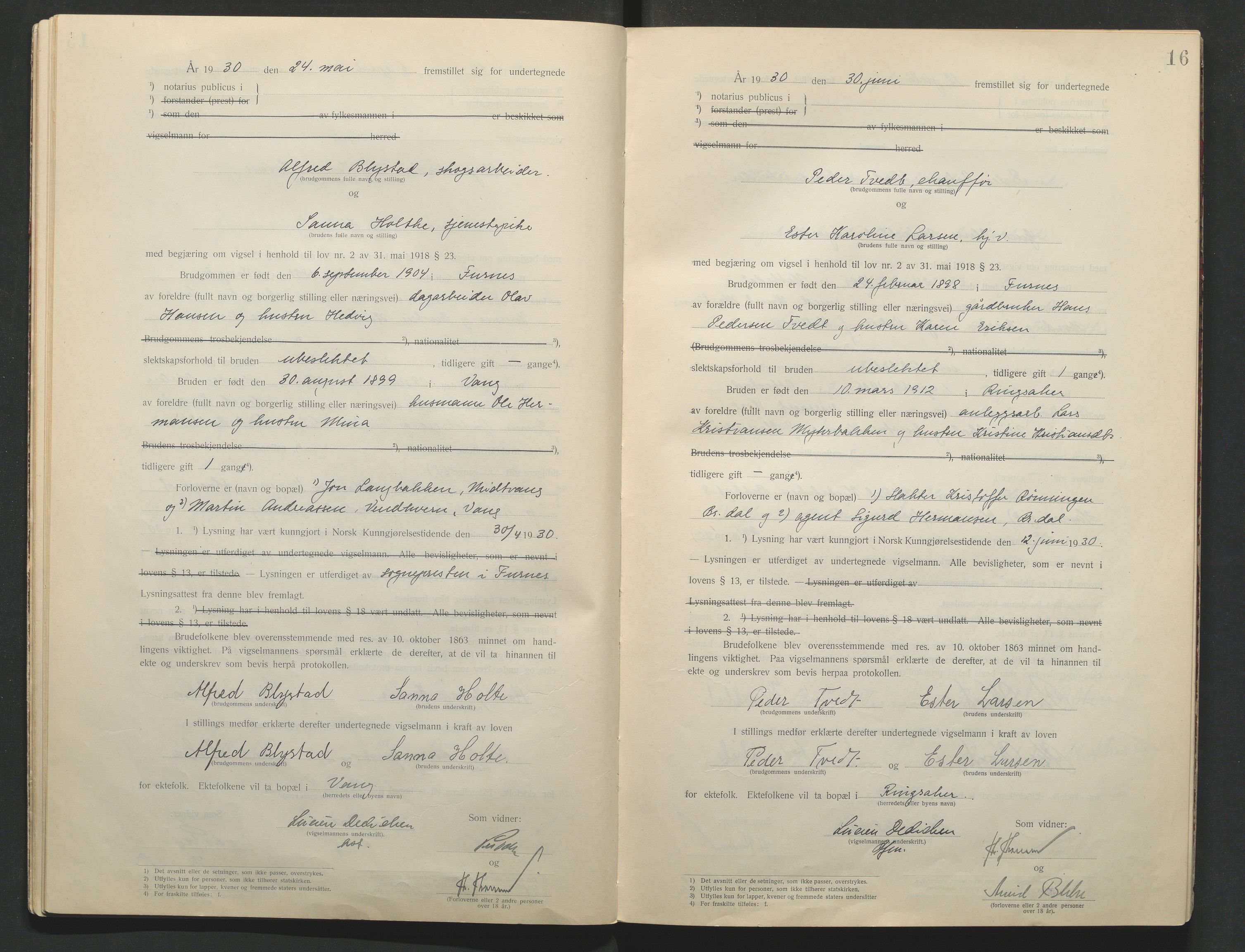 Nord-Hedmark sorenskriveri, AV/SAH-TING-012/L/Lc/L0001/0001: Vigselsprotokoller / Vigselsprotokoll, 1920-1942, p. 16