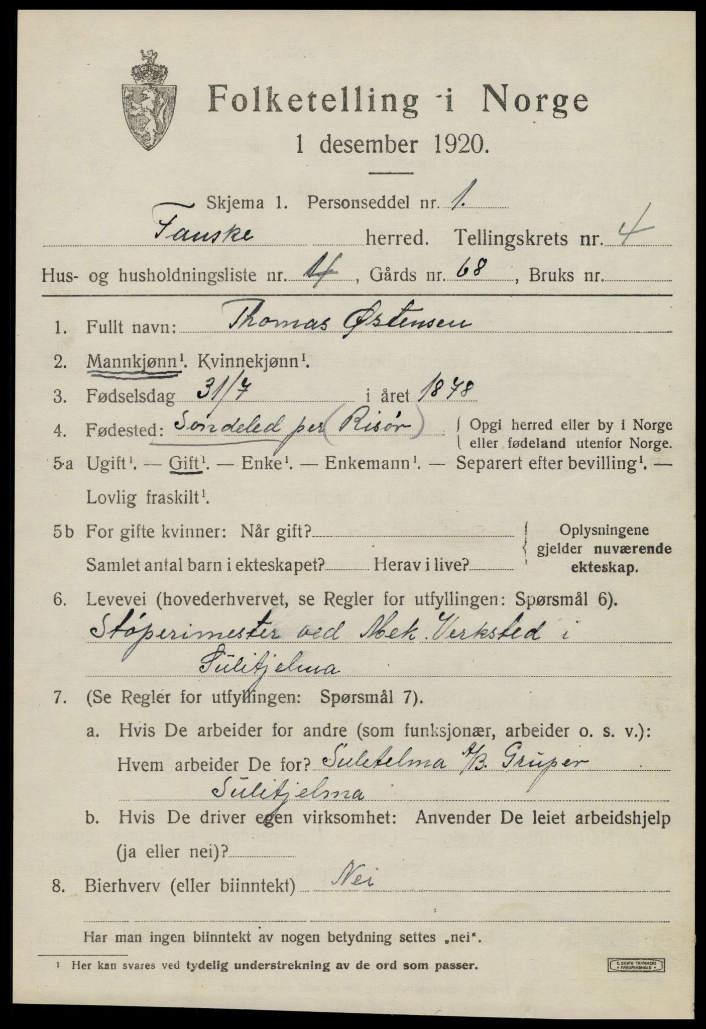 SAT, 1920 census for Fauske, 1920, p. 4176