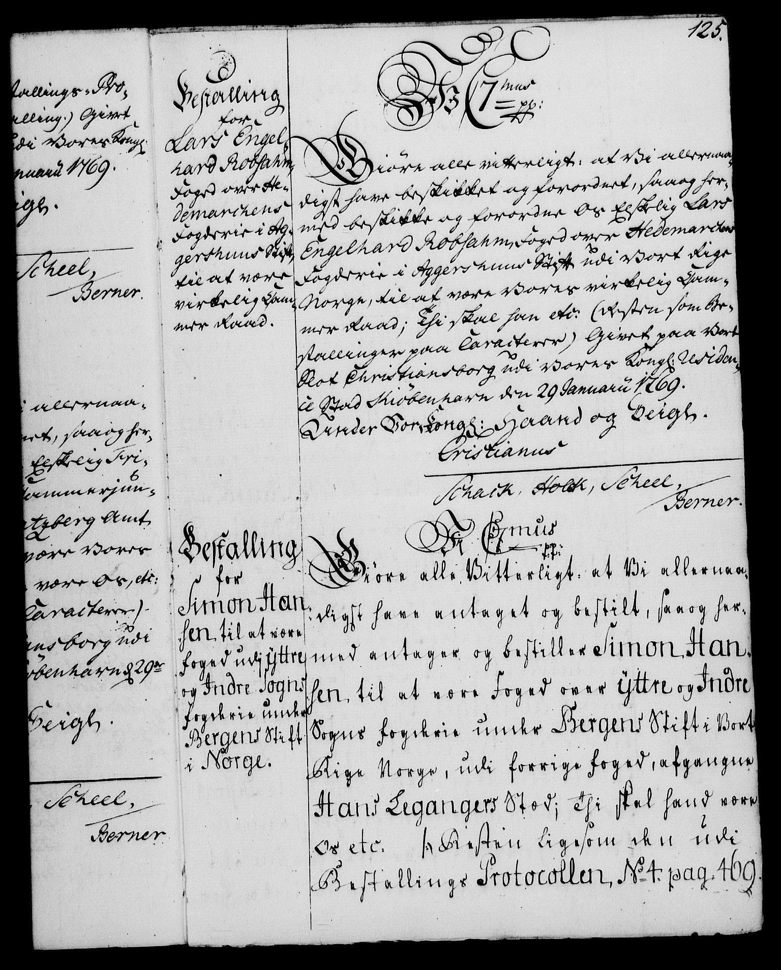 Rentekammeret, Kammerkanselliet, RA/EA-3111/G/Gg/Gge/L0004: Norsk bestallingsprotokoll med register (merket RK 53.28), 1762-1771, p. 125