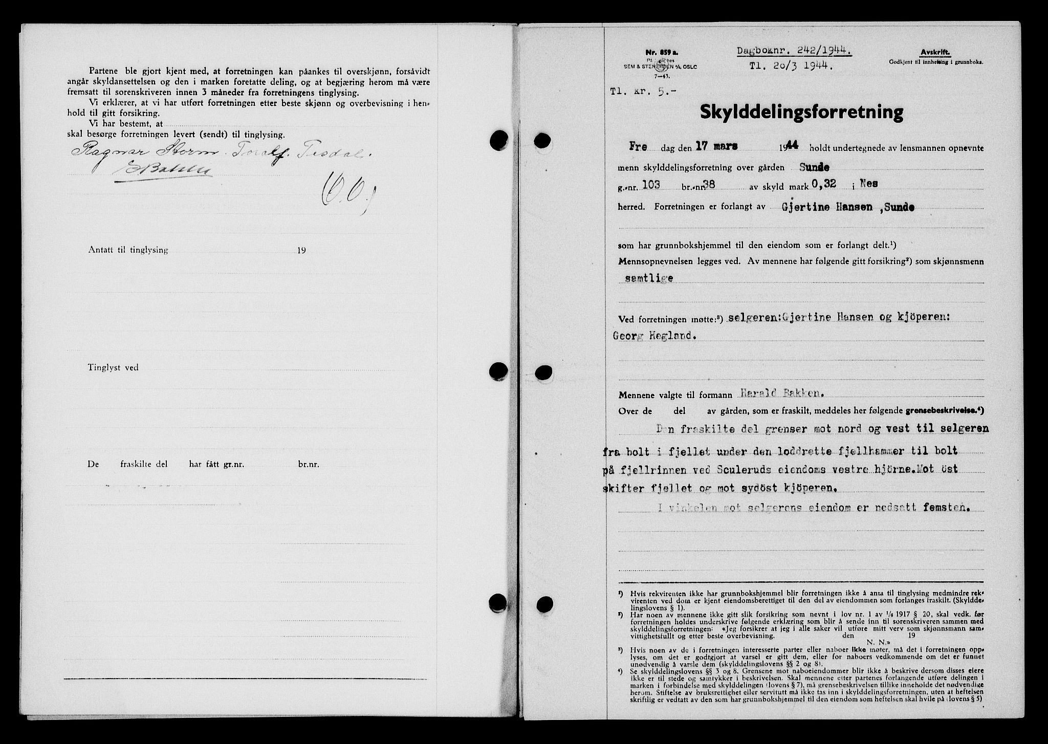 Flekkefjord sorenskriveri, SAK/1221-0001/G/Gb/Gba/L0059: Mortgage book no. A-7, 1944-1945, Diary no: : 242/1944