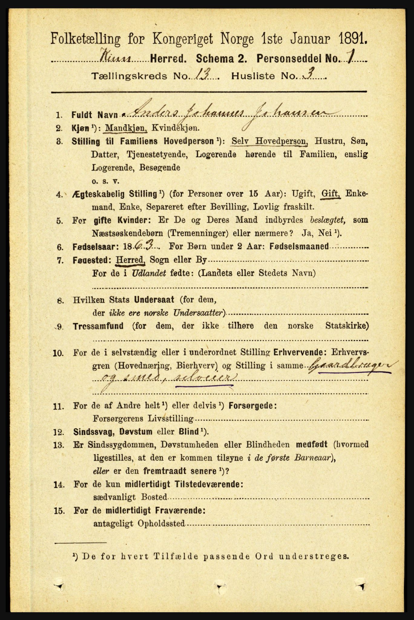 RA, 1891 census for 1437 Kinn, 1891, p. 5064
