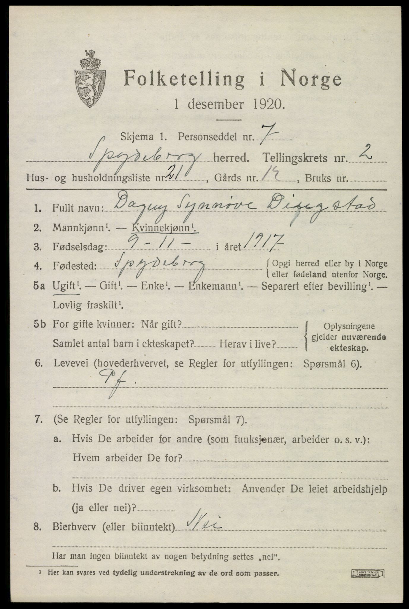 SAO, 1920 census for Spydeberg, 1920, p. 3085