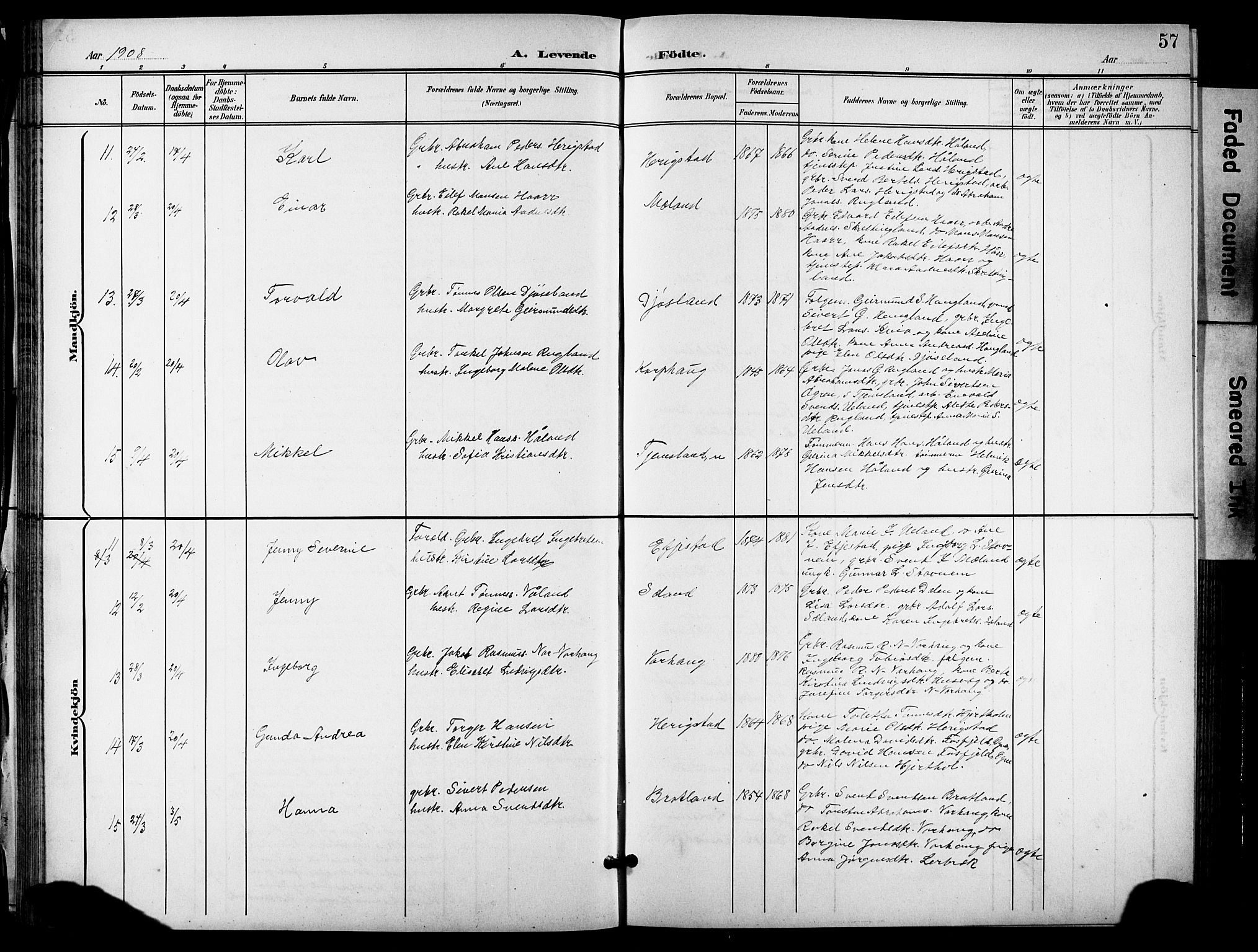 Hå sokneprestkontor, AV/SAST-A-101801/001/30BB/L0006: Parish register (copy) no. B 6, 1900-1924, p. 57