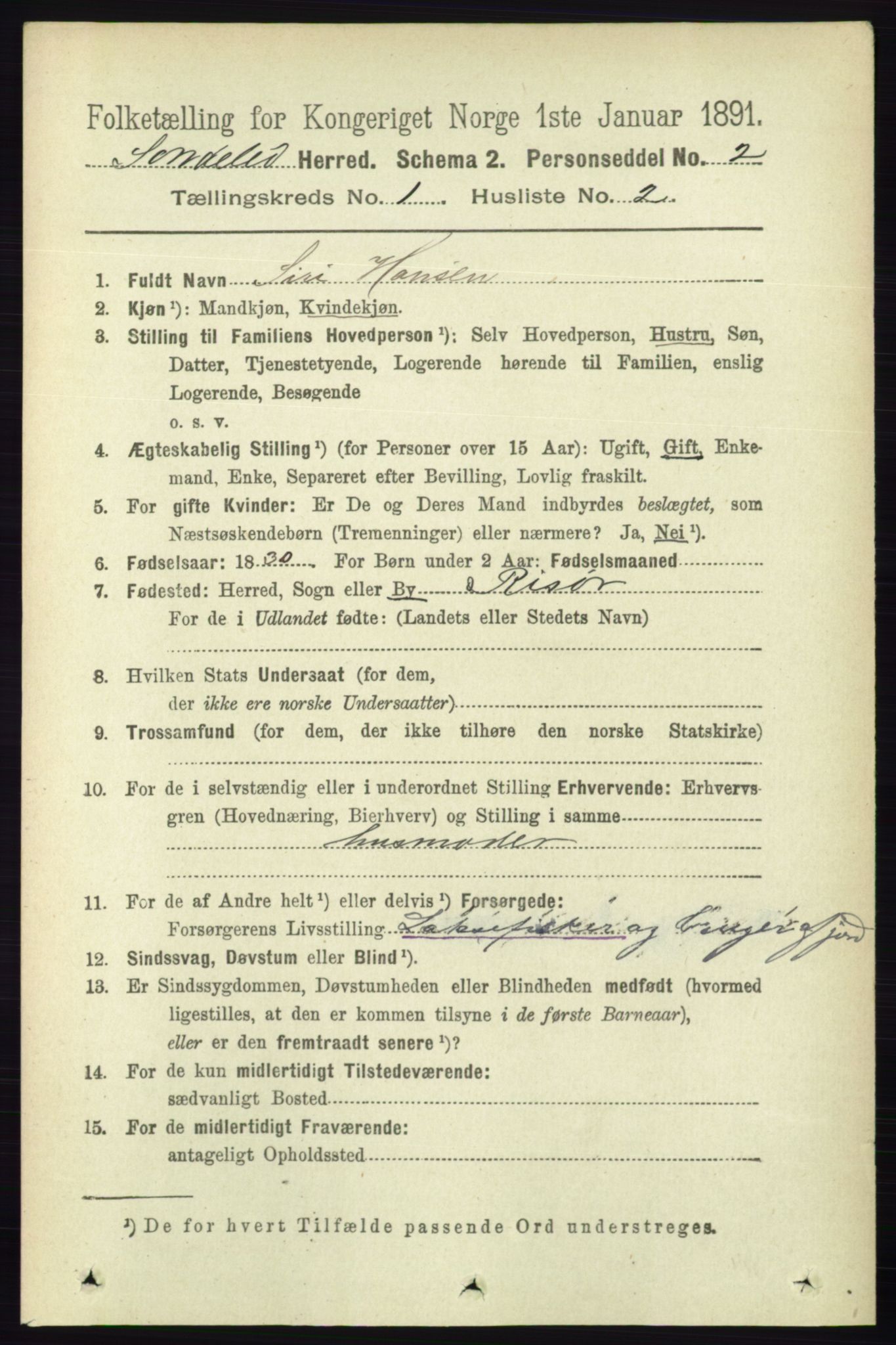 RA, 1891 census for 0913 Søndeled, 1891, p. 93