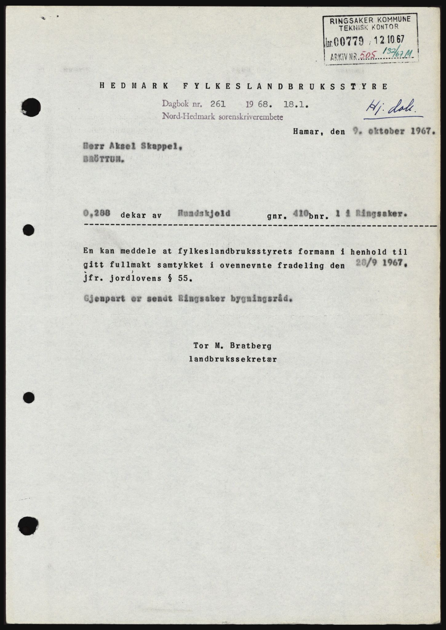Nord-Hedmark sorenskriveri, SAH/TING-012/H/Hc/L0027: Mortgage book no. 27, 1967-1968, Diary no: : 261/1968