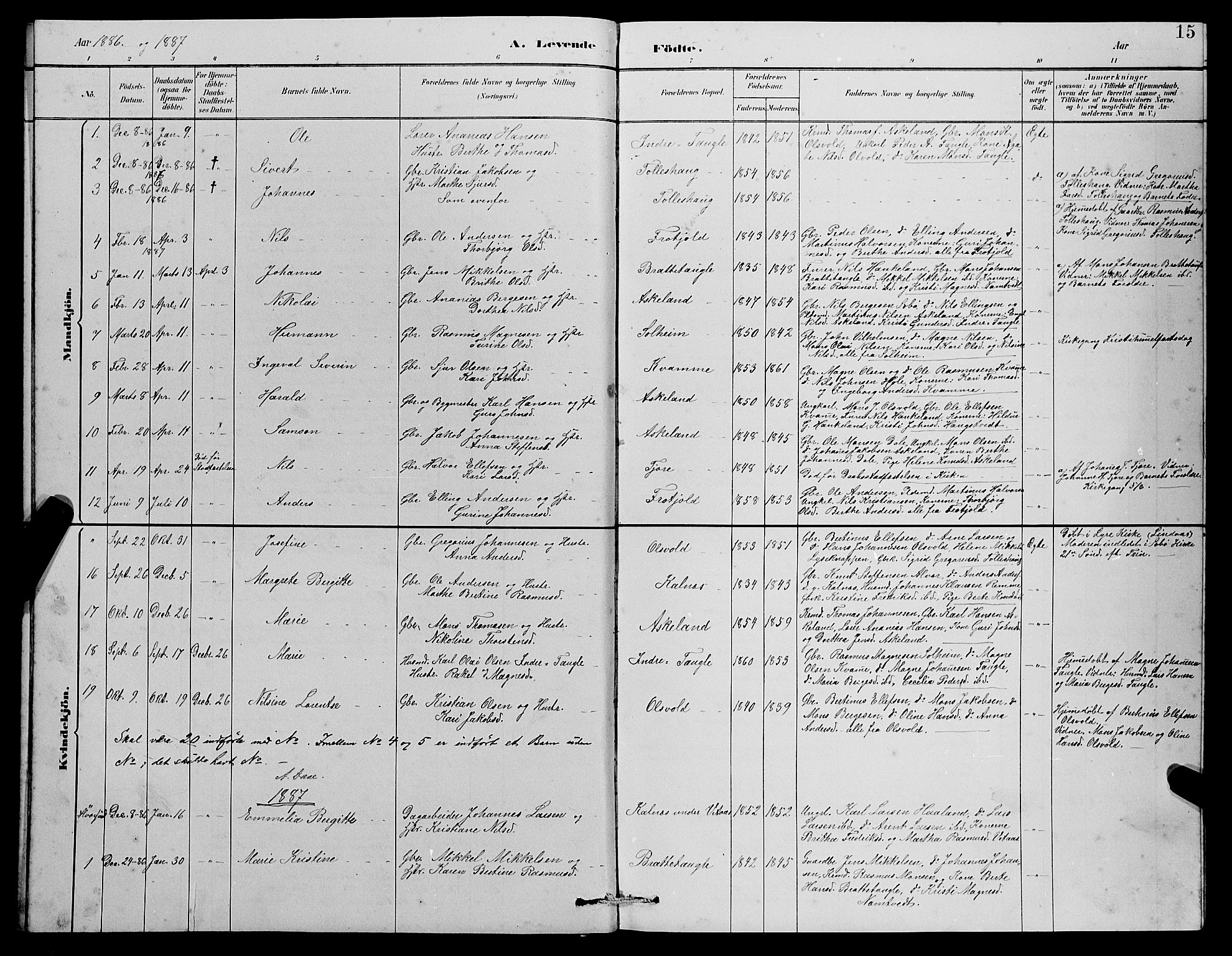 Manger sokneprestembete, SAB/A-76801/H/Hab: Parish register (copy) no. D 2, 1883-1894, p. 15