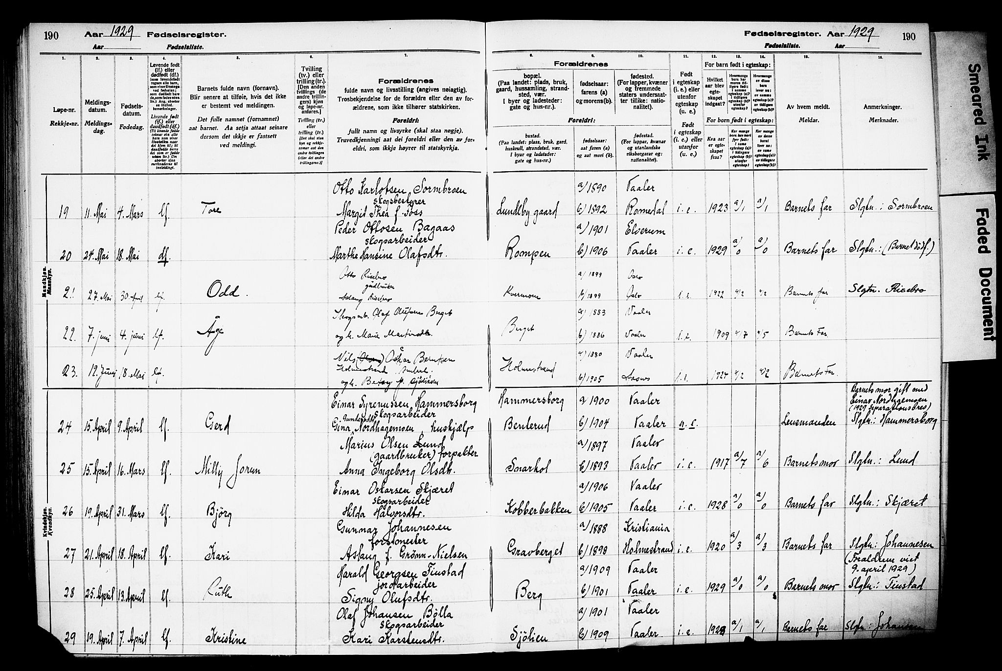 Våler prestekontor, Hedmark, AV/SAH-PREST-040/I/Id/L0001: Birth register no. 1, 1916-1930, p. 190