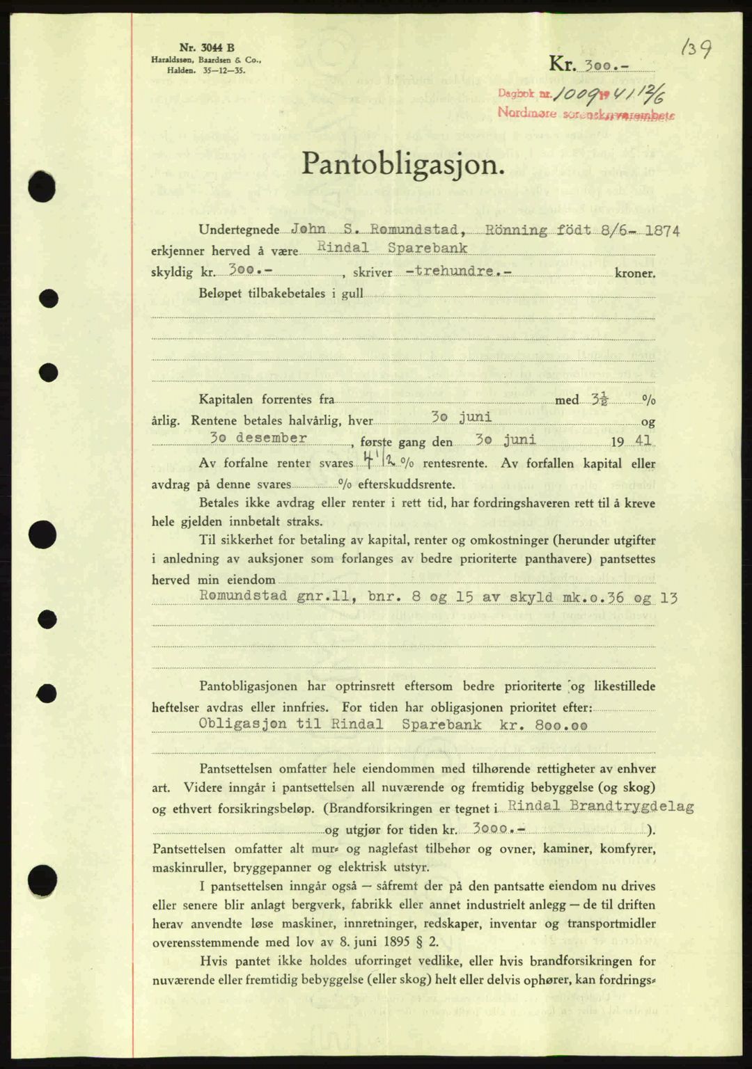 Nordmøre sorenskriveri, AV/SAT-A-4132/1/2/2Ca: Mortgage book no. B88, 1941-1942, Diary no: : 1009/1941