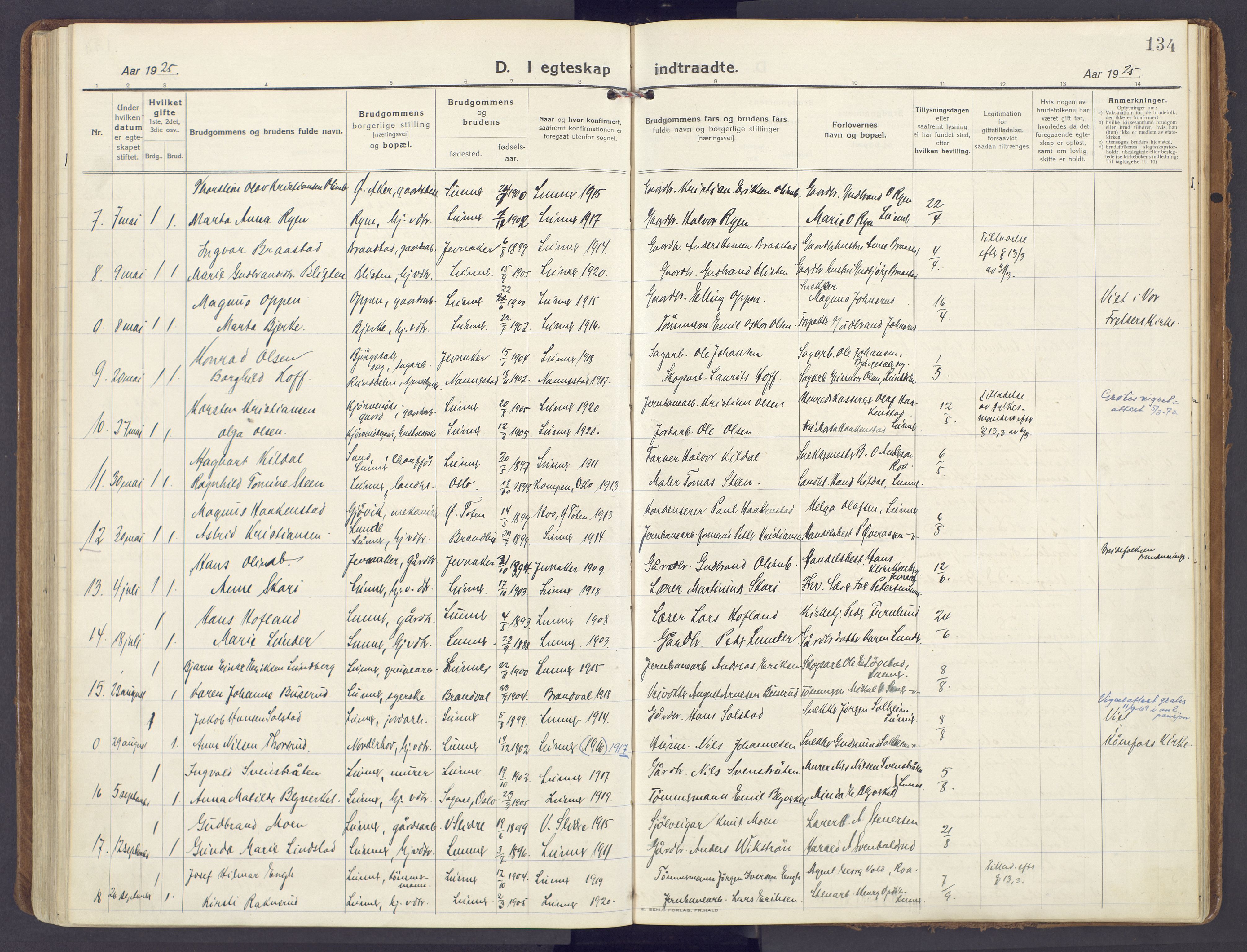 Lunner prestekontor, AV/SAH-PREST-118/H/Ha/Haa/L0002: Parish register (official) no. 2, 1922-1931, p. 134