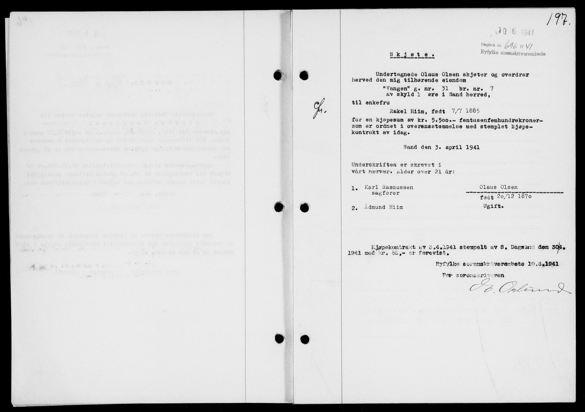 Ryfylke tingrett, SAST/A-100055/001/II/IIB/L0085: Mortgage book no. 64, 1941-1941, Diary no: : 696/1941