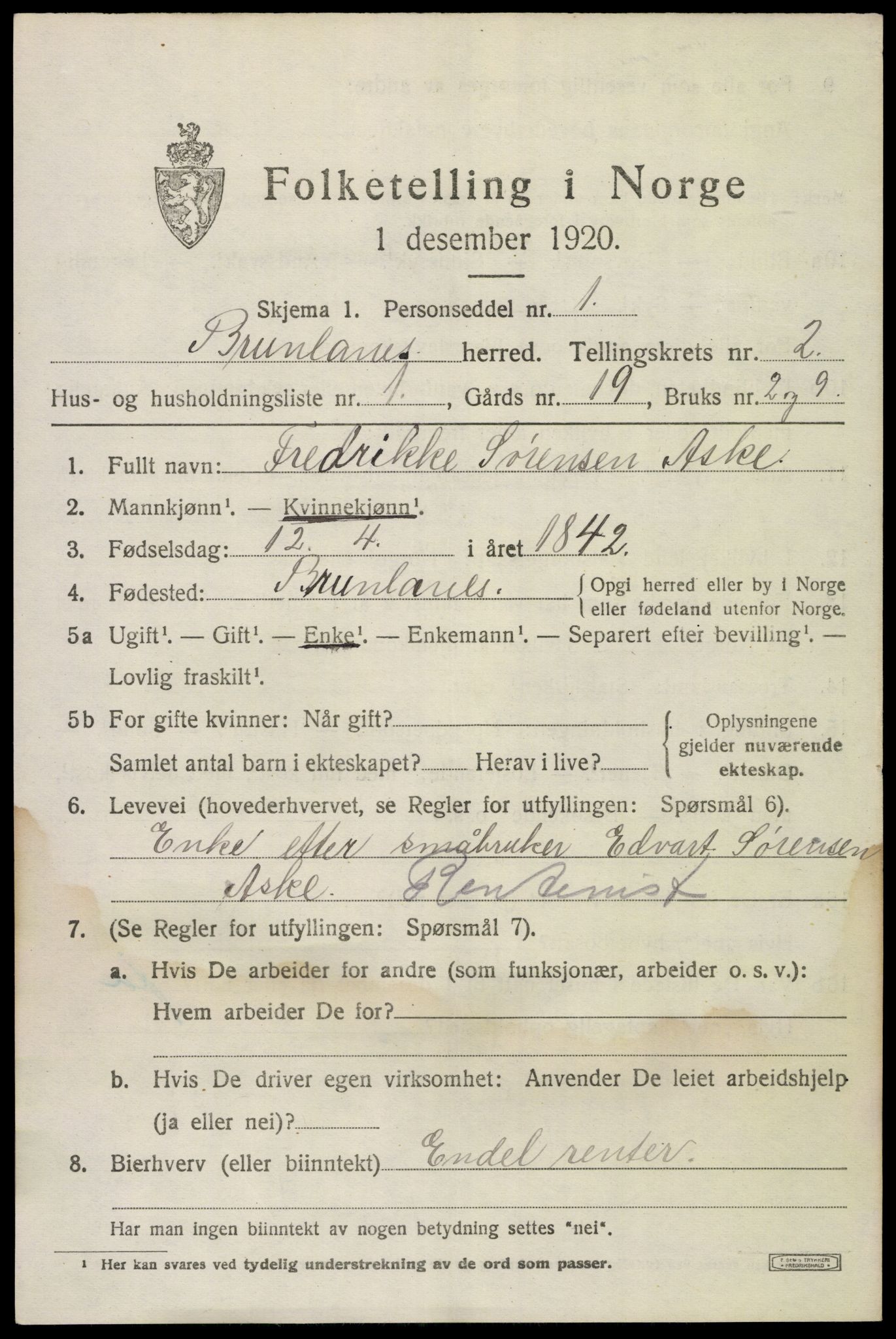 SAKO, 1920 census for Brunlanes, 1920, p. 3319