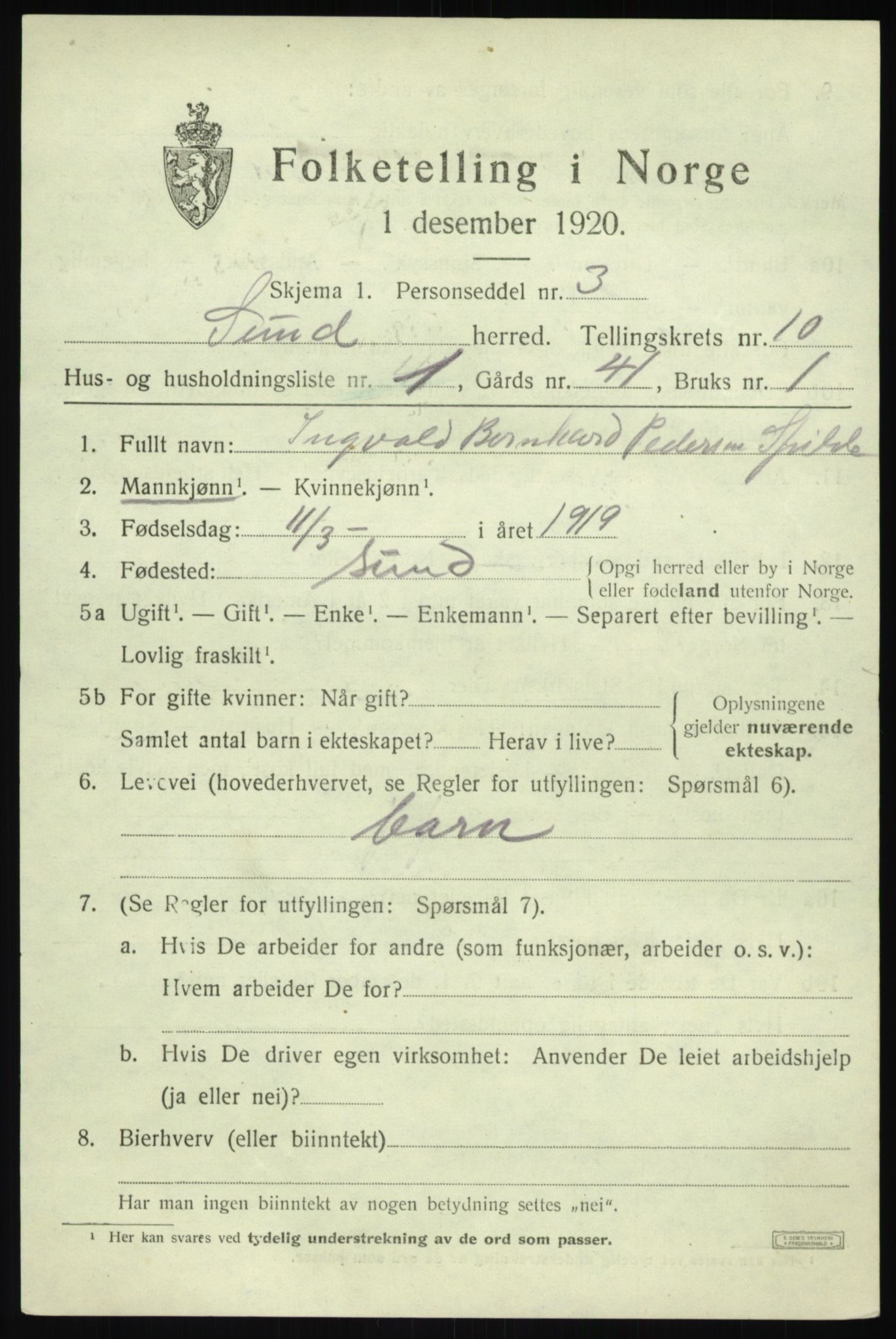 SAB, 1920 census for Sund, 1920, p. 6047