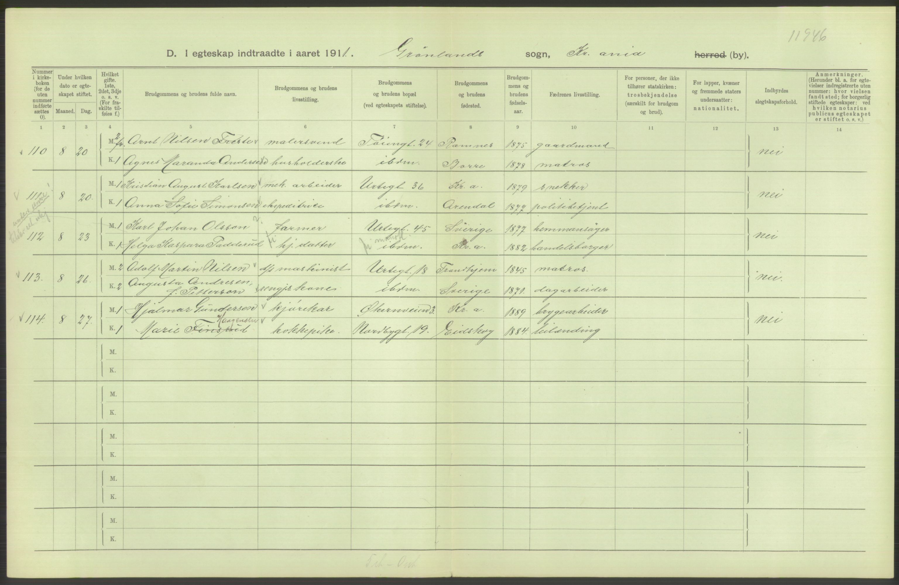 Statistisk sentralbyrå, Sosiodemografiske emner, Befolkning, AV/RA-S-2228/D/Df/Dfb/Dfba/L0008: Kristiania: Gifte, 1911, p. 234