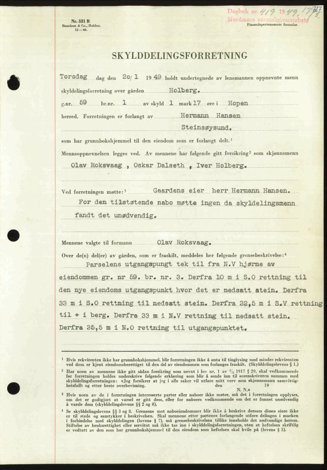 Nordmøre sorenskriveri, AV/SAT-A-4132/1/2/2Ca: Mortgage book no. A110, 1948-1949, Diary no: : 419/1949