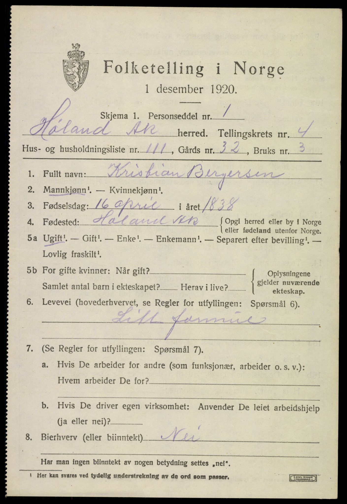 SAO, 1920 census for Høland, 1920, p. 7165