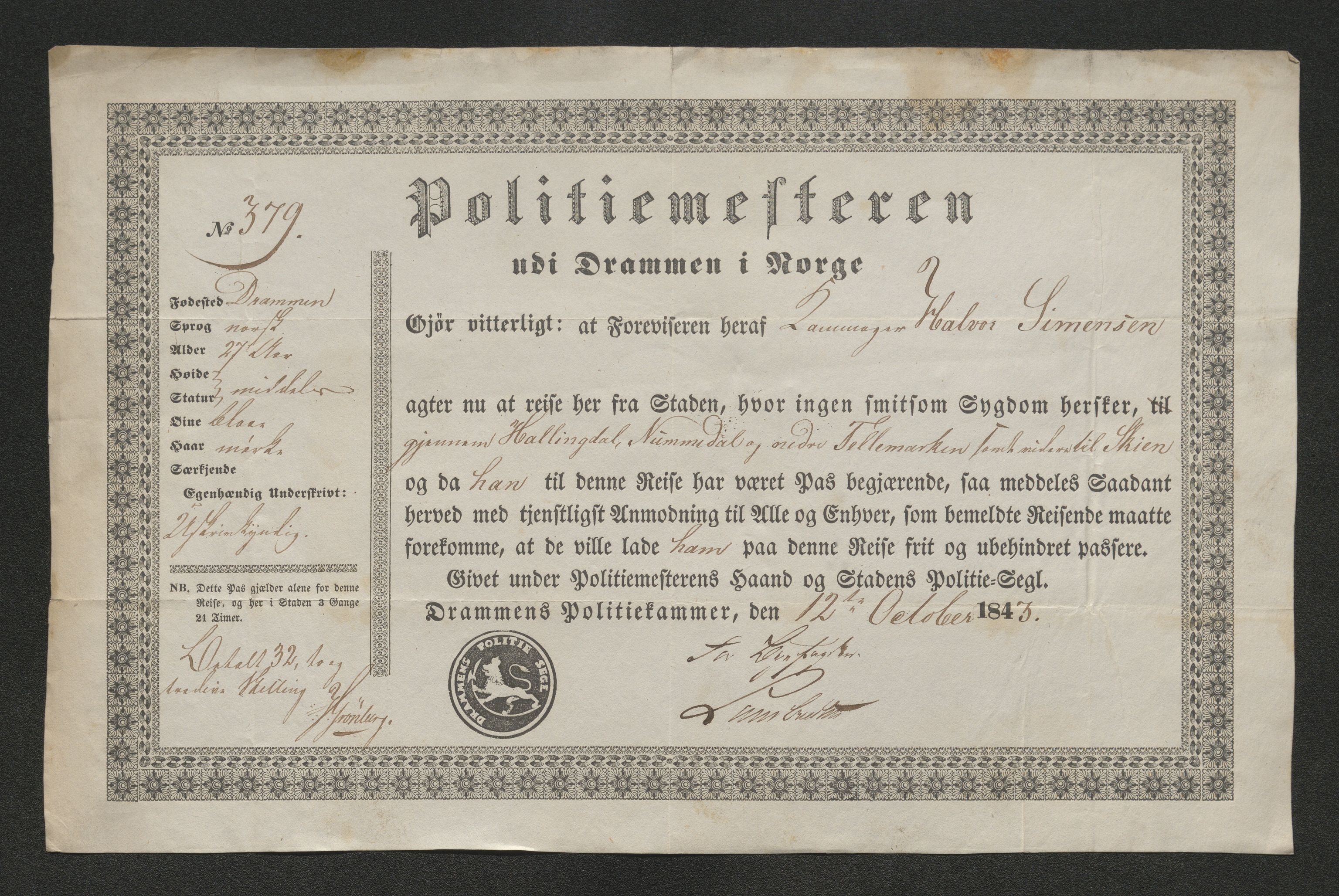 Drammen politikammer, AV/SAKO-A-623/I/Ia/Iab/L0007: Innleverte pass, 1843-1844, p. 316