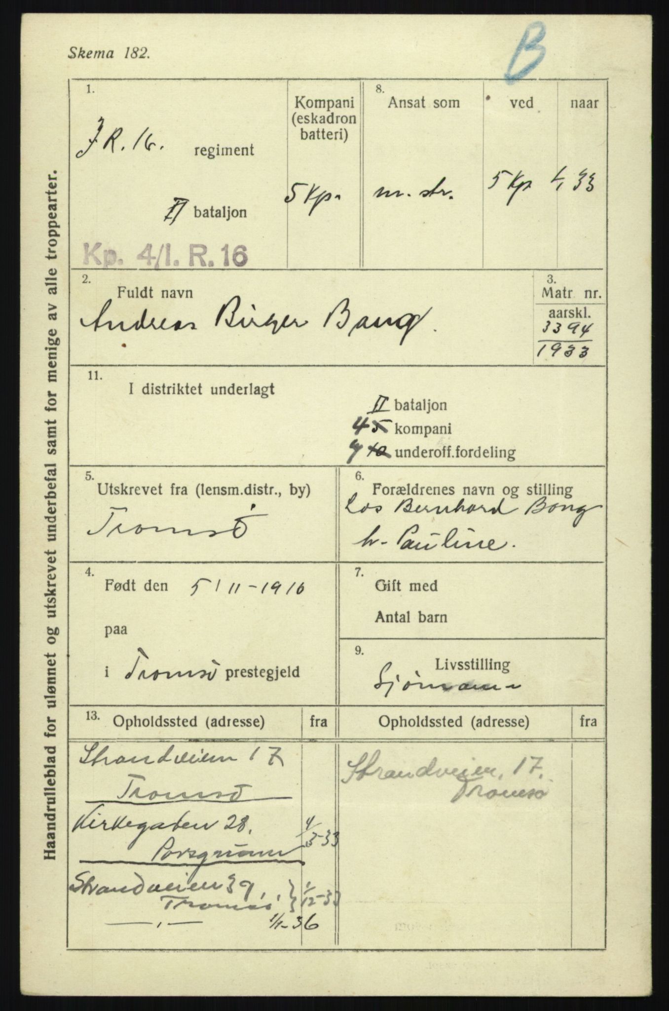 Forsvaret, Troms infanteriregiment nr. 16, AV/RA-RAFA-3146/P/Pa/L0017: Rulleblad for regimentets menige mannskaper, årsklasse 1933, 1933, p. 87