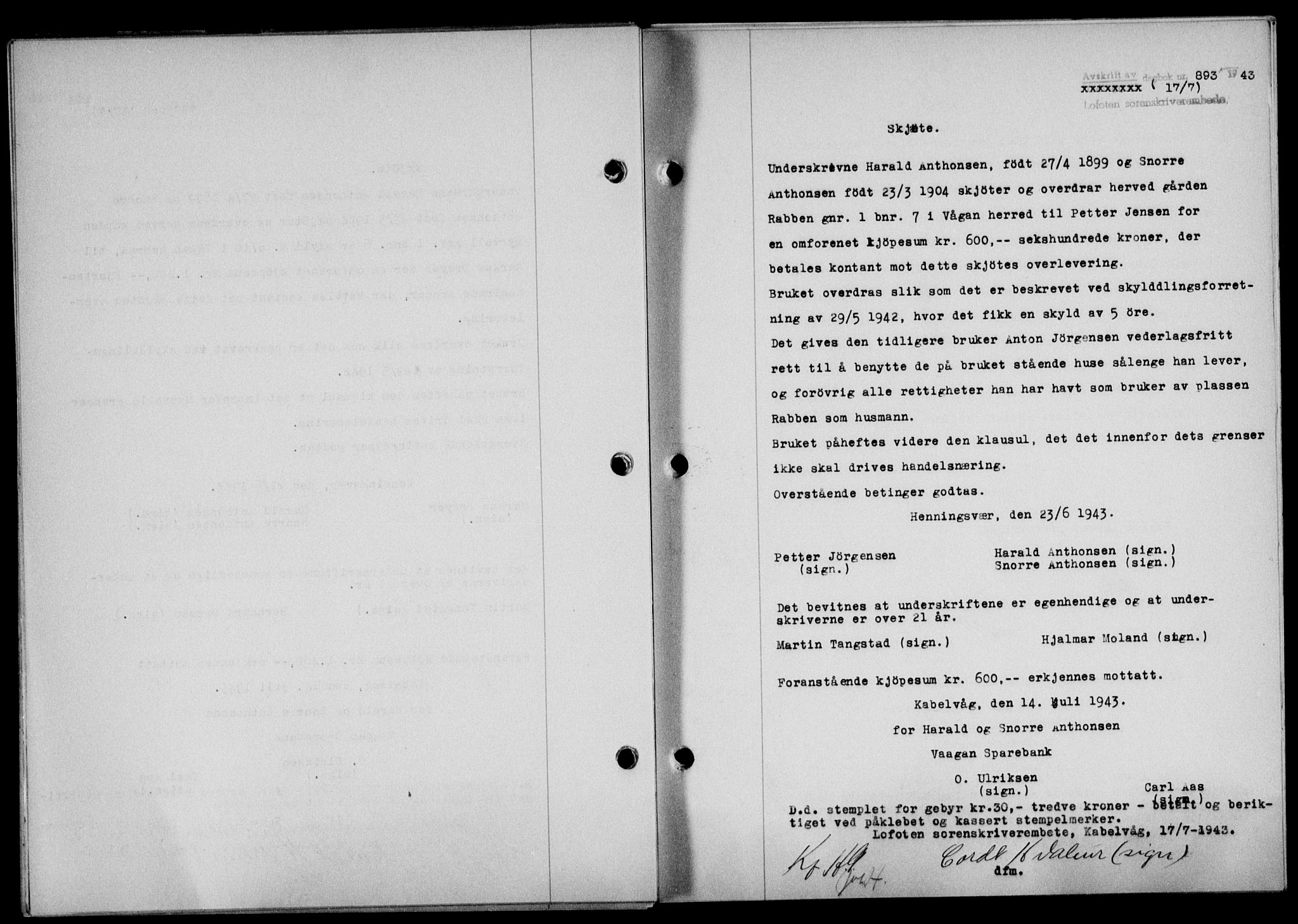 Lofoten sorenskriveri, SAT/A-0017/1/2/2C/L0011a: Mortgage book no. 11a, 1943-1943, Diary no: : 893/1943