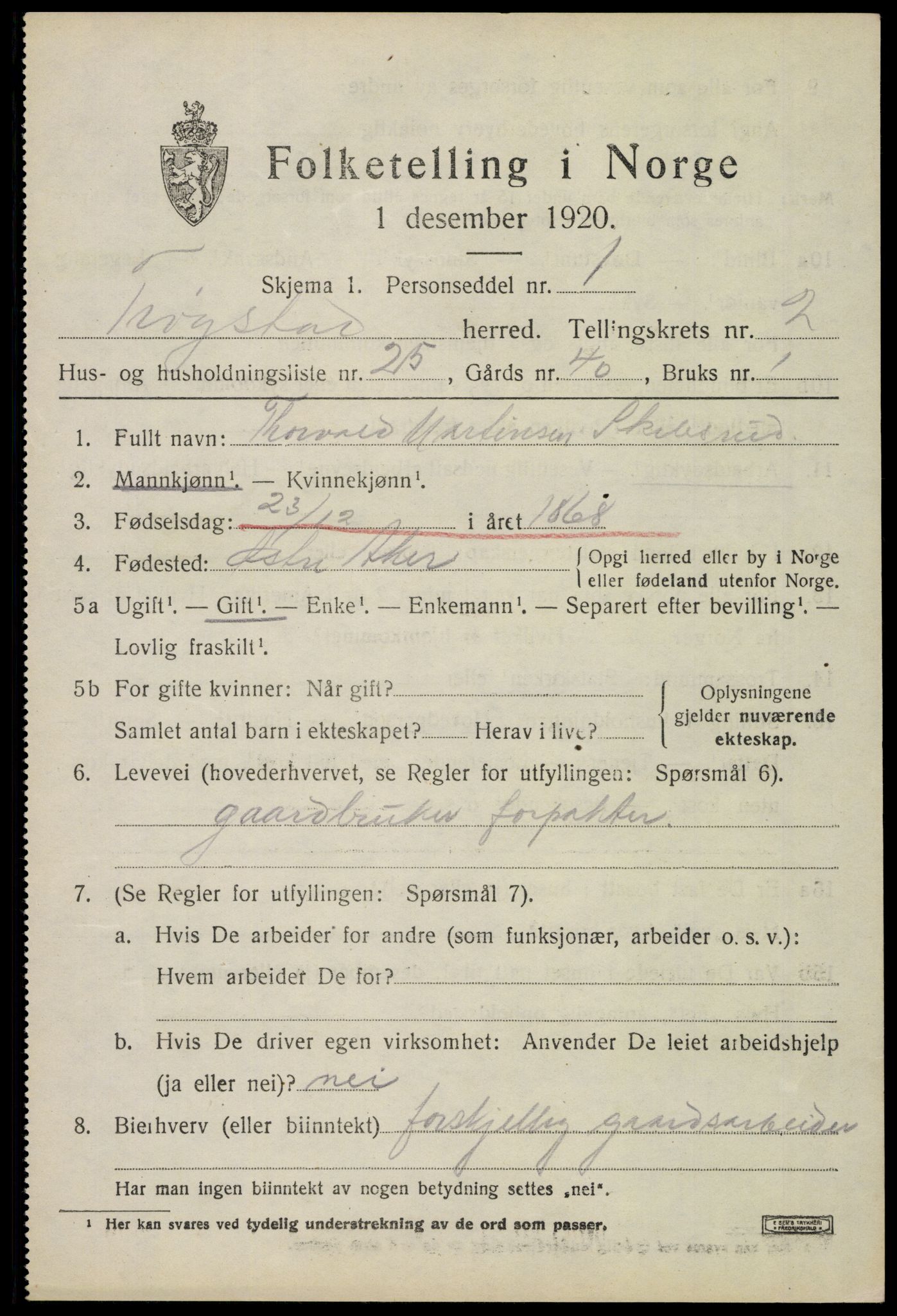 SAO, 1920 census for Trøgstad, 1920, p. 2368