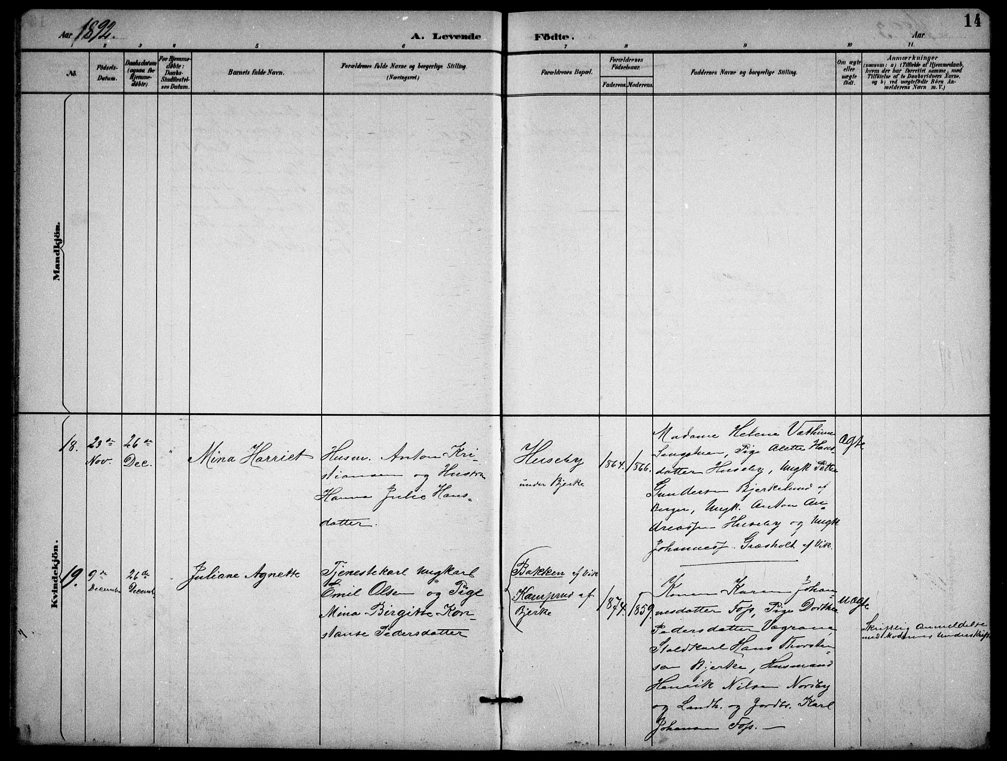 Enebakk prestekontor Kirkebøker, AV/SAO-A-10171c/G/Gb/L0002: Parish register (copy) no. II 2, 1891-1903, p. 14