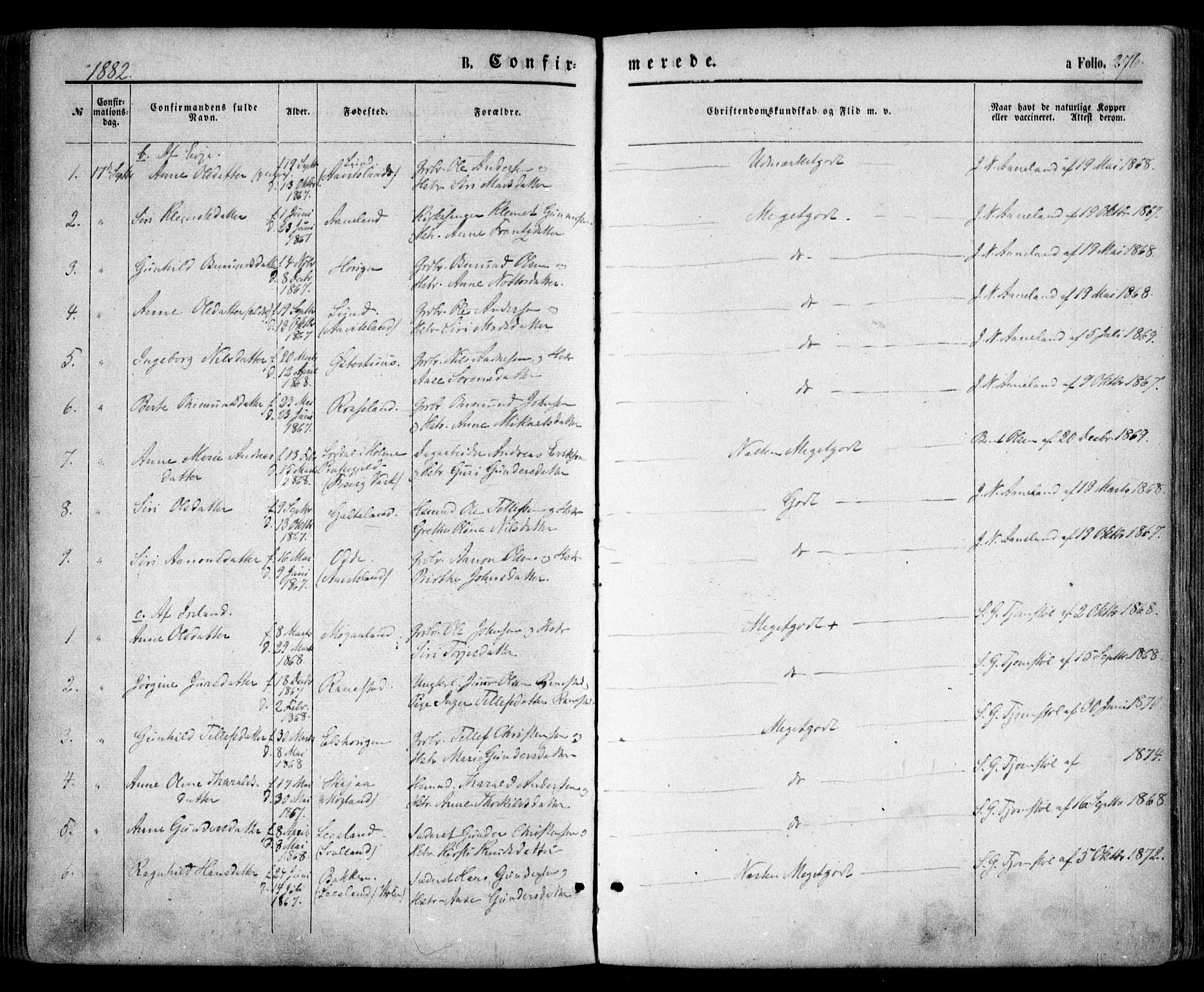 Evje sokneprestkontor, AV/SAK-1111-0008/F/Fa/Faa/L0006: Parish register (official) no. A 6, 1866-1884, p. 276