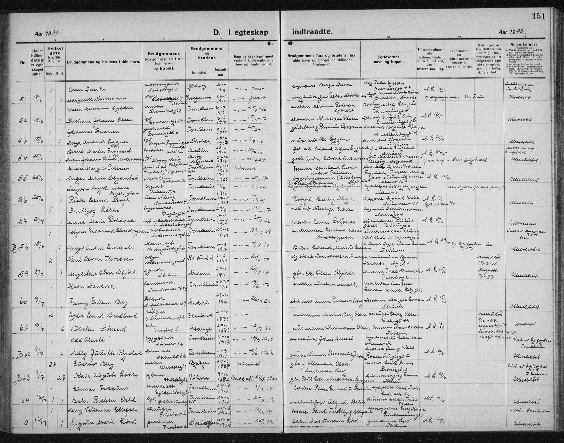 Ministerialprotokoller, klokkerbøker og fødselsregistre - Sør-Trøndelag, AV/SAT-A-1456/605/L0260: Parish register (copy) no. 605C07, 1922-1942, p. 151