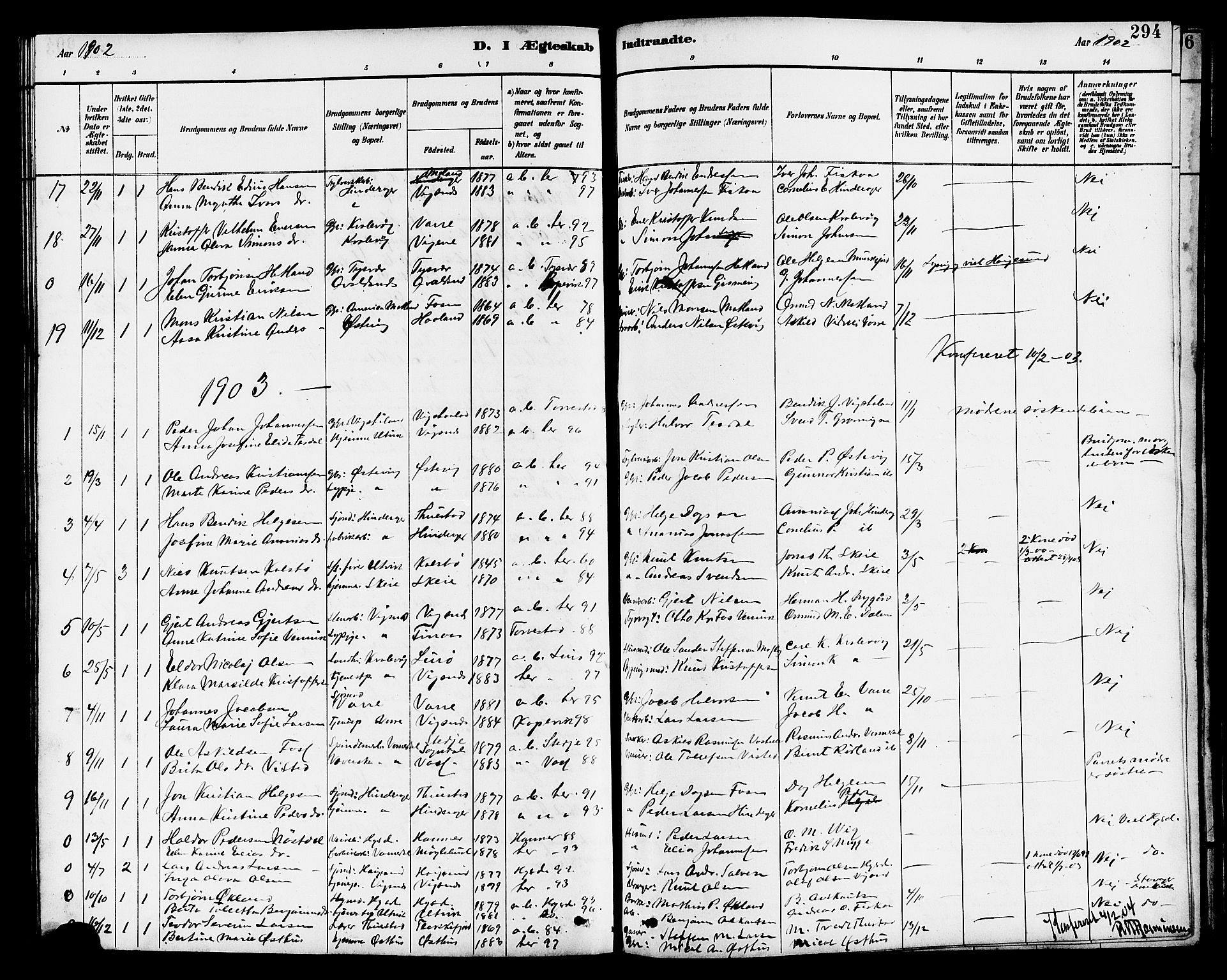 Avaldsnes sokneprestkontor, SAST/A -101851/H/Ha/Hab/L0007: Parish register (copy) no. B 7, 1885-1909, p. 294