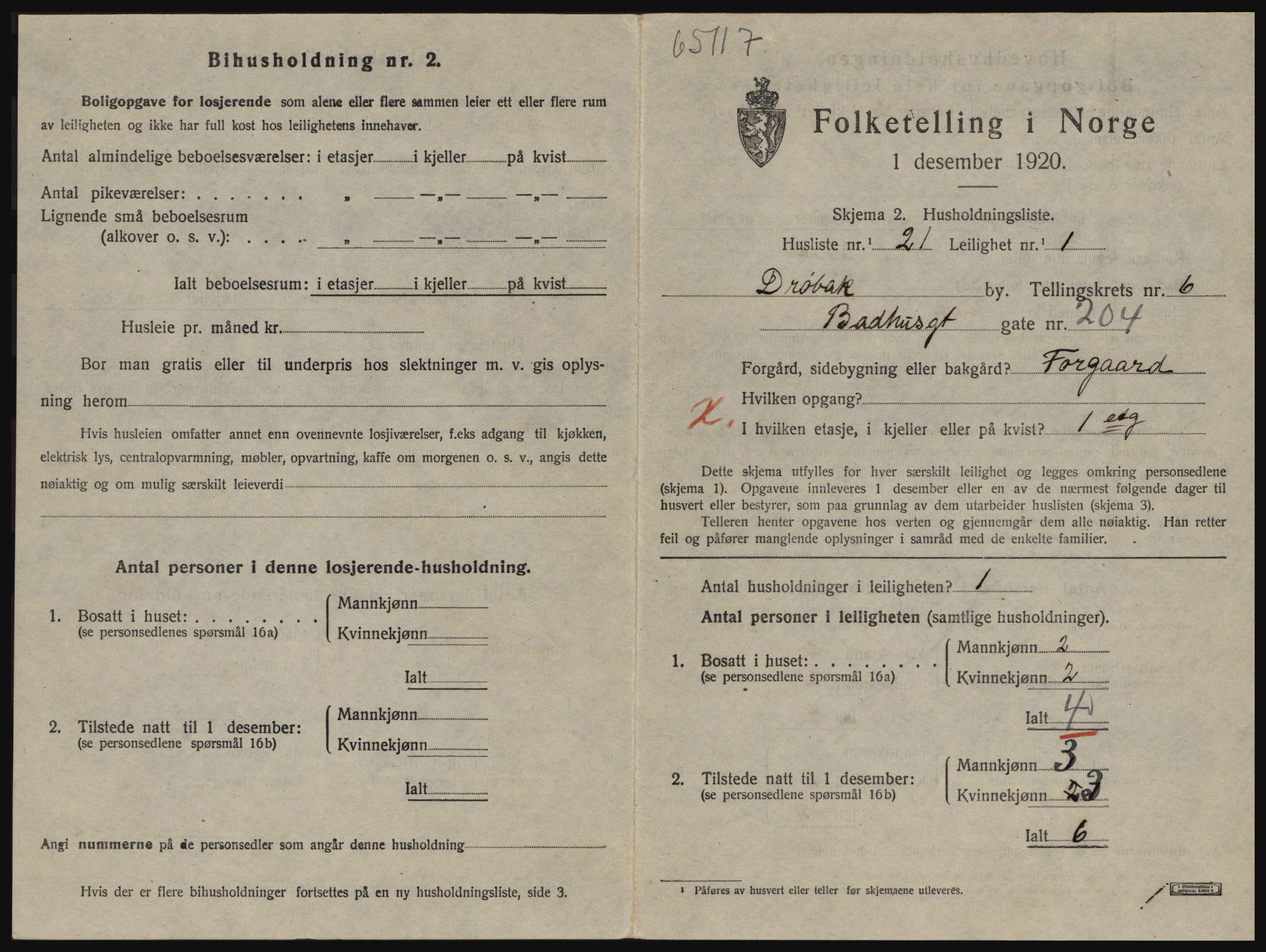 SAO, 1920 census for Drøbak, 1920, p. 1605