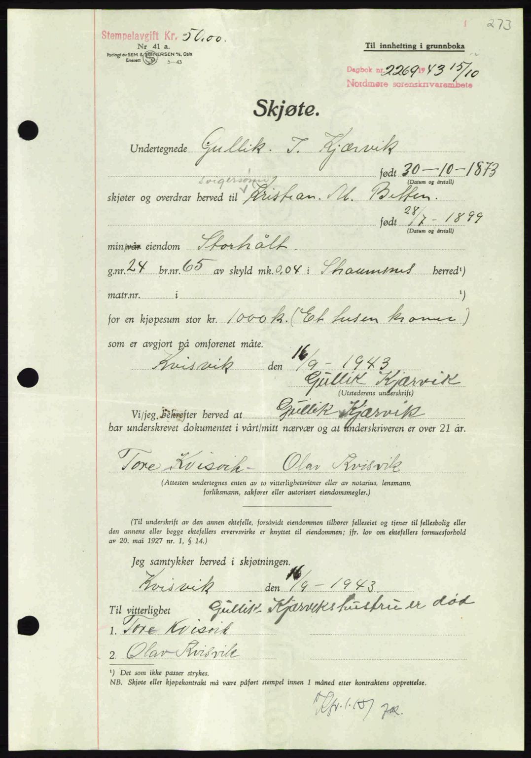 Nordmøre sorenskriveri, AV/SAT-A-4132/1/2/2Ca: Mortgage book no. A96, 1943-1944, Diary no: : 2269/1943