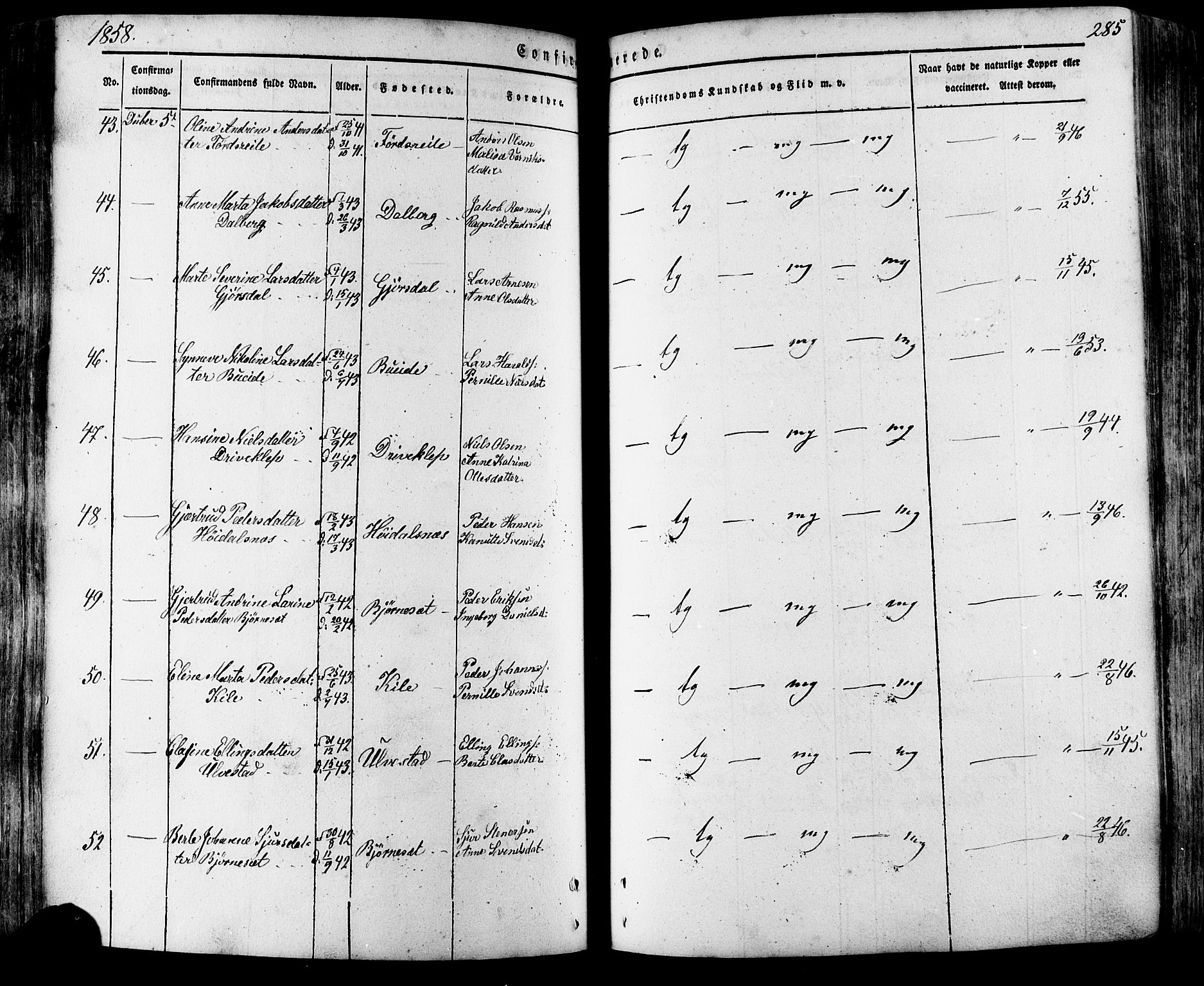 Ministerialprotokoller, klokkerbøker og fødselsregistre - Møre og Romsdal, SAT/A-1454/511/L0140: Parish register (official) no. 511A07, 1851-1878, p. 285