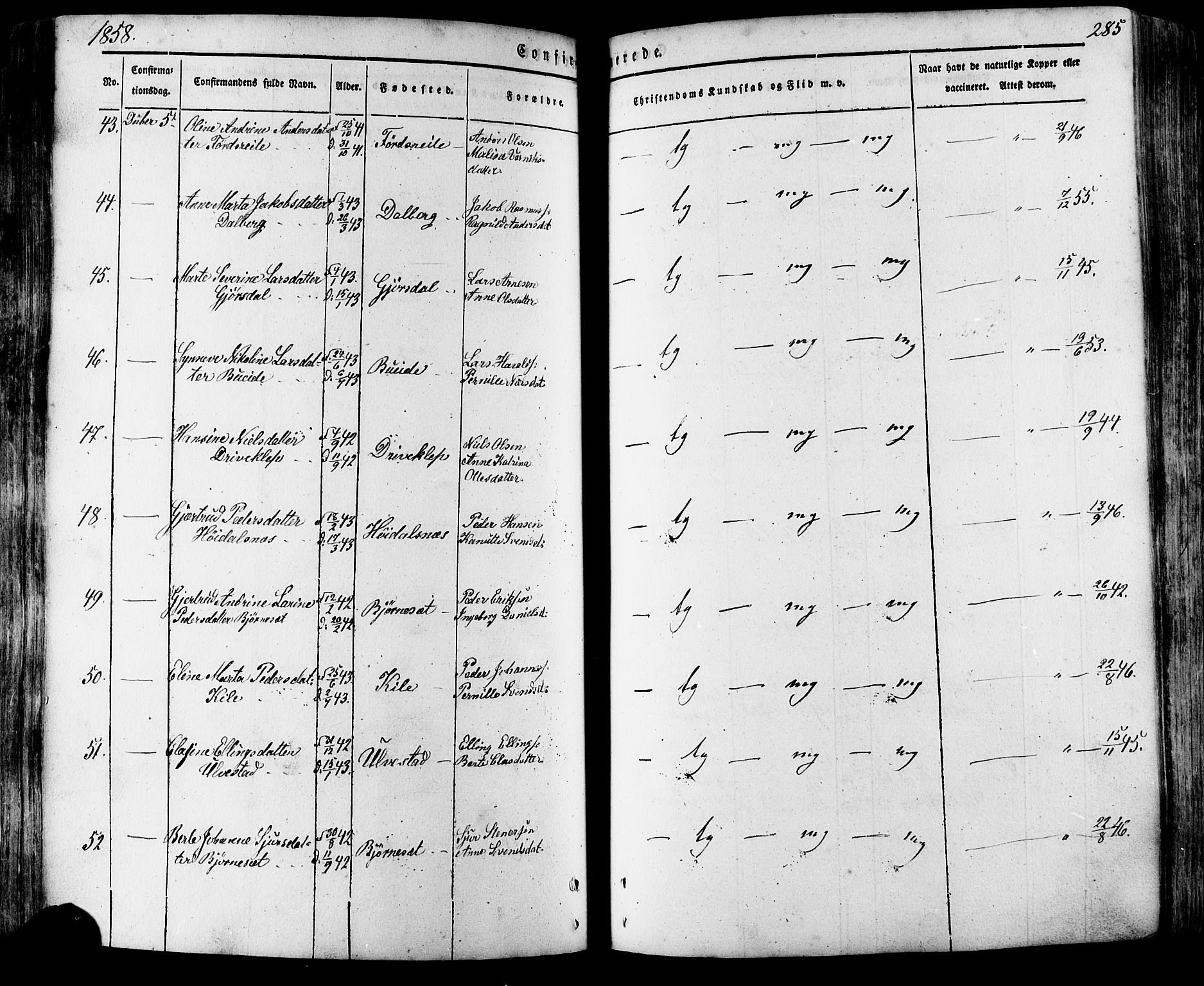 Ministerialprotokoller, klokkerbøker og fødselsregistre - Møre og Romsdal, AV/SAT-A-1454/511/L0140: Parish register (official) no. 511A07, 1851-1878, p. 285