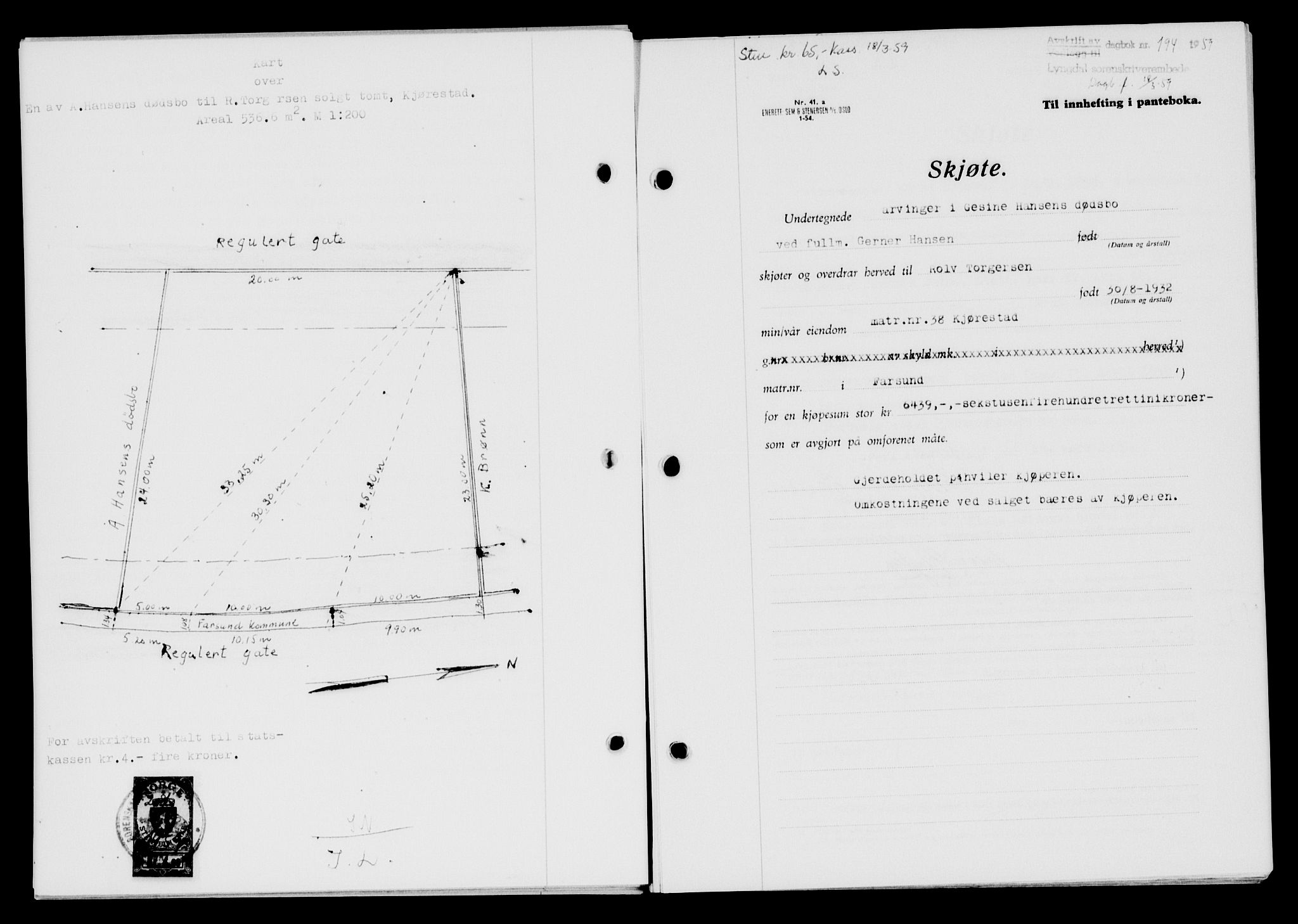 Lyngdal sorenskriveri, AV/SAK-1221-0004/G/Gb/L0678: Mortgage book no. A XXIV, 1958-1959, Diary no: : 194/1959