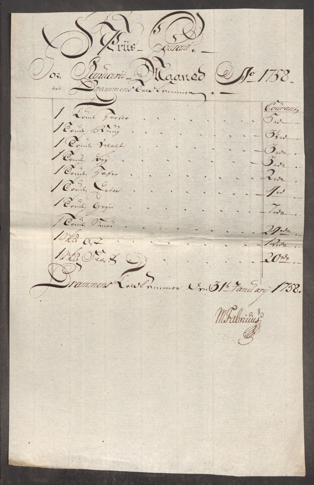 Rentekammeret inntil 1814, Realistisk ordnet avdeling, RA/EA-4070/Oe/L0006: [Ø1]: Priskuranter, 1758-1760, p. 123