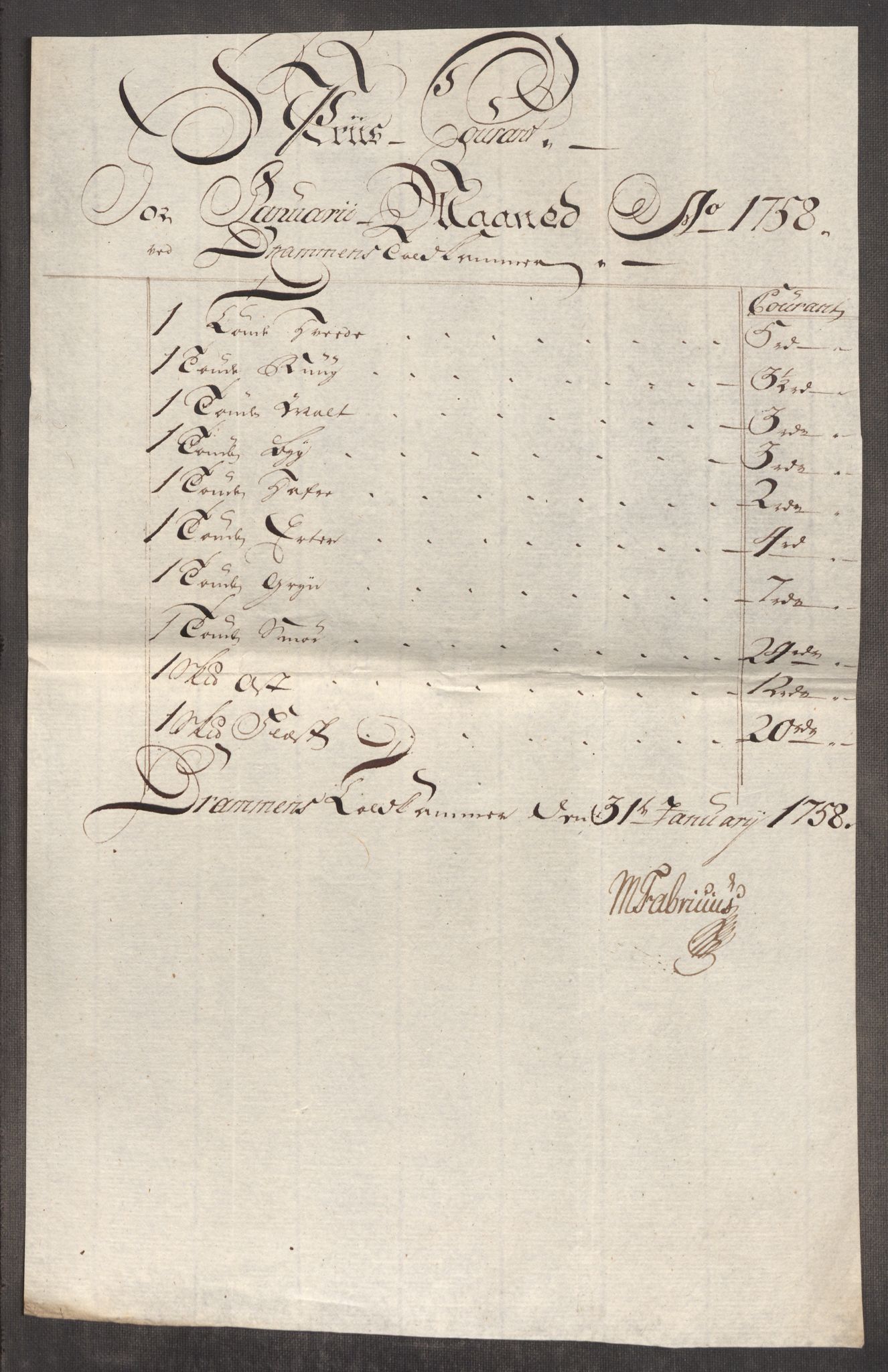 Rentekammeret inntil 1814, Realistisk ordnet avdeling, AV/RA-EA-4070/Oe/L0006: [Ø1]: Priskuranter, 1758-1760, p. 123